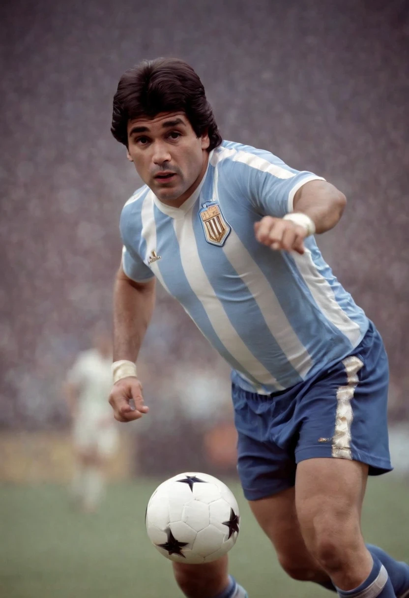 Diego Armando Maradona,Wear an Argentine football jersey,Pass with the ball,stage lighting,Chasing the light,Backlight