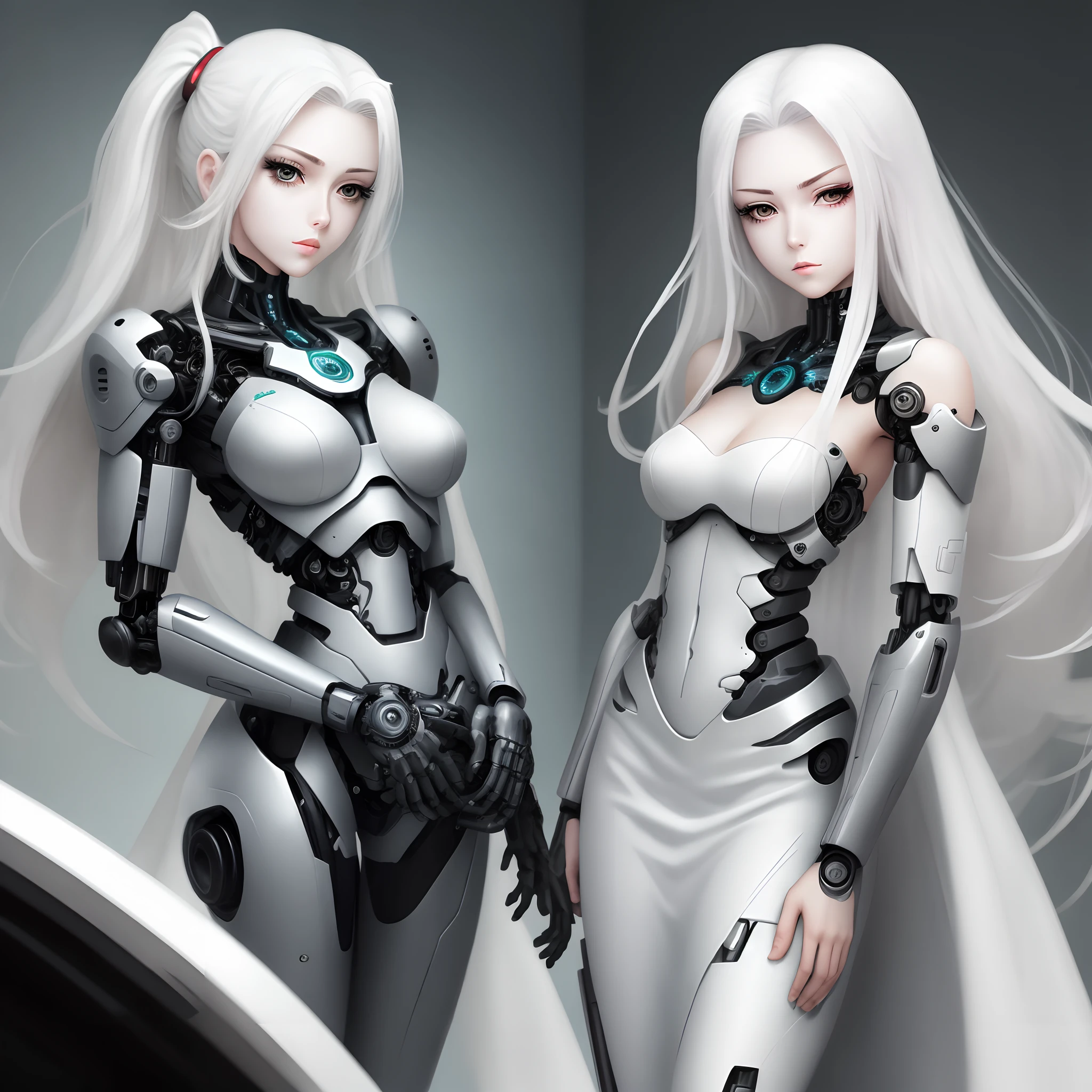 photo of beautiful cyborg woman, 2D anime style drawing, long white hair, white dress