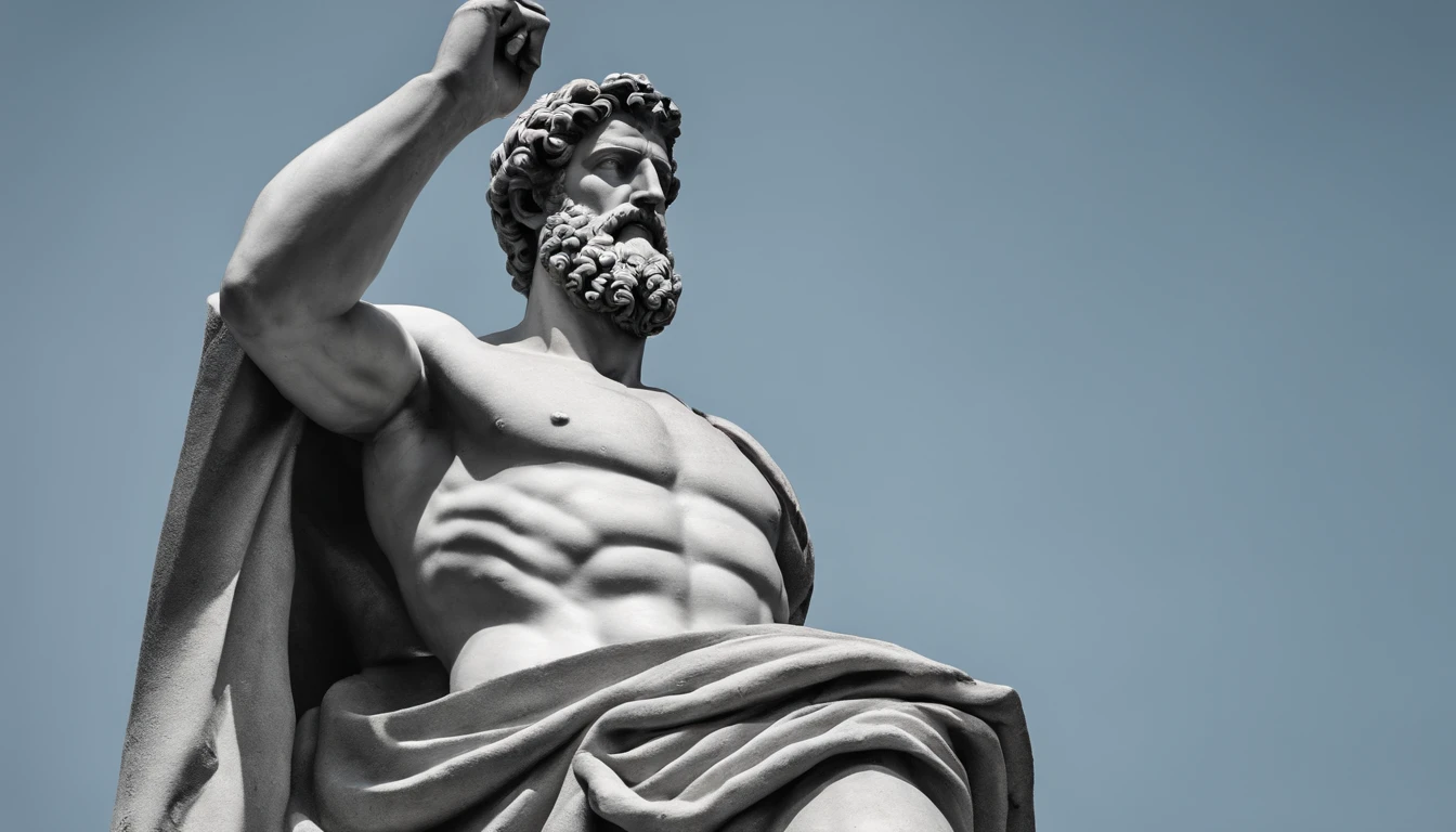 Statue of the stoic Marcus Aurelius with a strong muscle and beard in black and white, colunas colunas de concreto da grecia antiga ao fundo, rosto olhando para frente, 8k