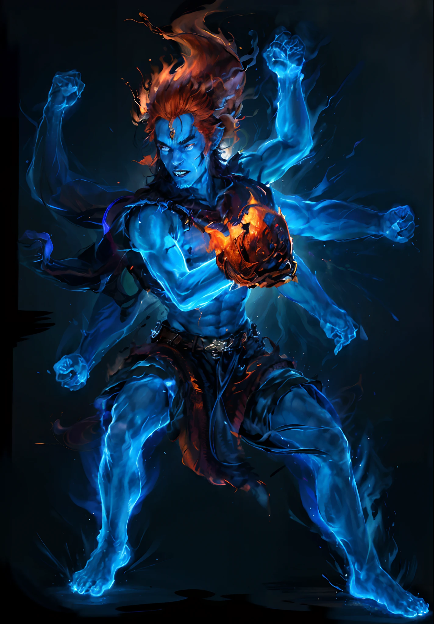 best qualtiy，tmasterpiece，超高分辨率，（Fidelity：1.4），RAW photogr，young handsome male，Facial hair，(((Flame hair)))，(((redheadwear)))，Avatar，(((Dark blue skin)))，(((Dark blue throughout)))，(((Blue man)))，Blue man，offcial art, (Extremely detailed Cg Unity 8K wallpaper),Stand in the sky，Pure background， 1 man，(((face))），Young and handsome face，HD face，without a beard，nice hand，Good feet，Vajra Lux，King Ming，（Three-eyed god Yang Jian mythical character），（Three heads and six arms）（Yang Jian has three heads and six arms），Solo, Swarzenegger's muscles, Skirt made of tiger skin，Wear tiger fur，Tiger-like teeth，Zombie teeth，theelementoffire，The fire roared behind him，Hellfire，asura from chinese myth，firemage，by Yang J，holy fire spell art，com um rosto quadrado，oguchi，buck teeth，dog teeth，Strong muscles， (Photorealistic:1.4), (Masterpiece), (Best quality:1.2)，Light and shadow tracking，Super HD，theelementoffire，asura from chinese myth，by Yang J，holy fire spell art