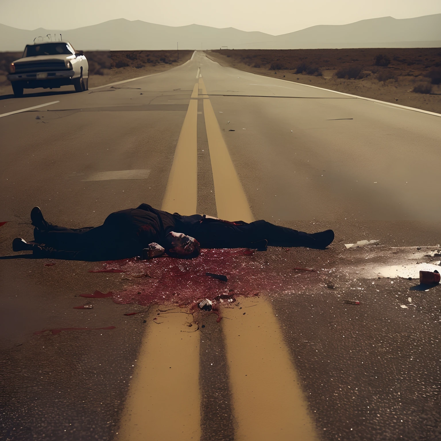 man laying on the road with a knife and a bottle of wine, crime scene photography, bloody scene, dramatic scene, murder scene, dead body, crime scene photo, fatal, harsh, crashed in roswell, shot from cinematic, memorable scene, photo shot, bodies on the ground, hyperrealistic movie filmstill, alessio albi, very realistic film still