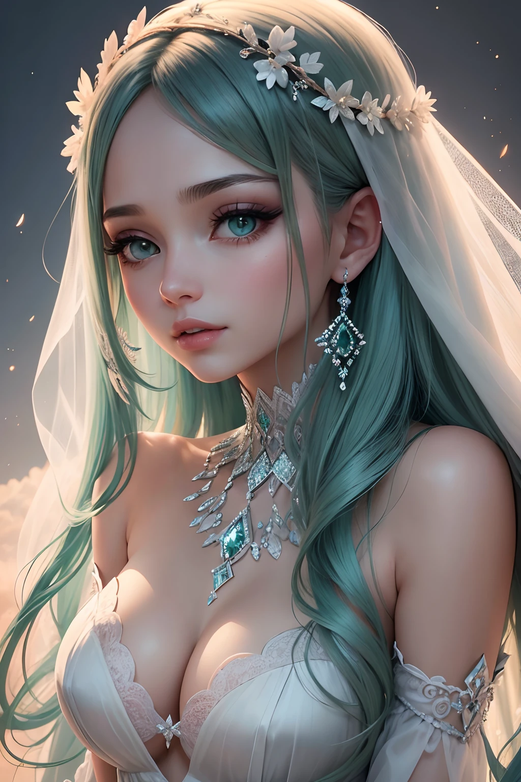 arota linda super detalhado, asas de anjo, asas longas, voando, penas caindo, luzes nas asas,cabelos de prata, coroa de diamante,nuvens, pes descalsos, olhos azuis e verdes, aura celestial,luz radiante.