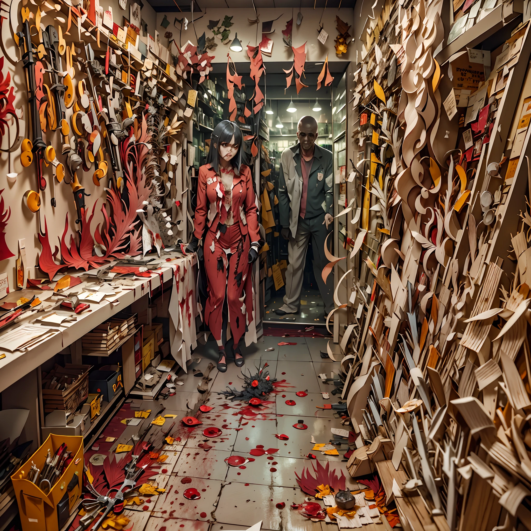 Paper Cuttings style： (((Inside the Bloody Parts Store))),(crowed:1.2),[Bloody tools],  [Terrible surgical instruments], [Eerily dim lighting],  [Disturbing mural], [Horror movie props], [Creepy shadows], [Glass Kan], [Creepy costumes], [Distorted mirror], [Bloody floor],  [Psychiatric scientist],  [sinister expressions], [Grinding chains],   [Bloodstained price tag], [creepy atmosphera]