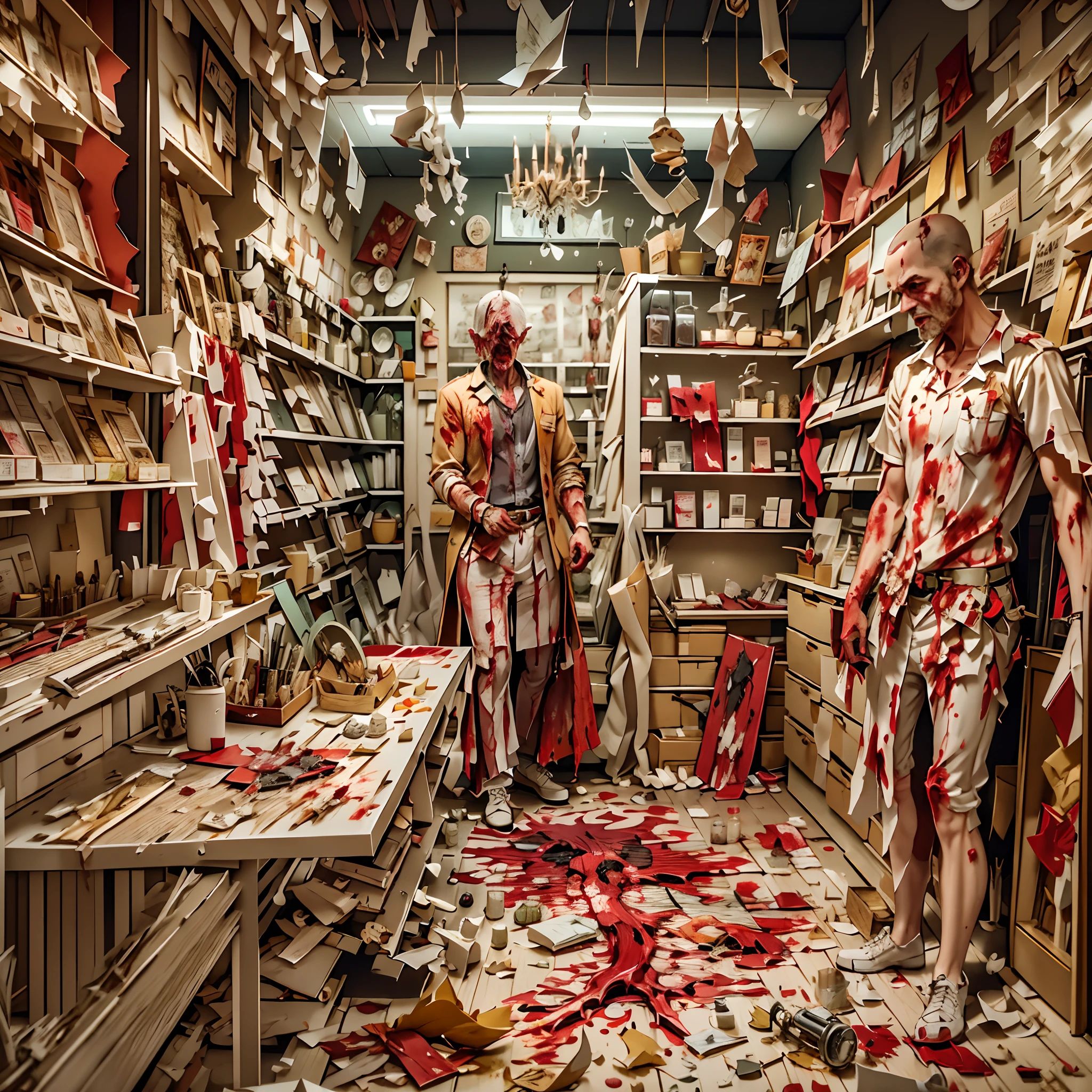 Paper Cuttings style： (((Inside the Bloody Parts Store))),(crowed:1.2),[Bloody tools],  [Terrible surgical instruments], [Eerily dim lighting],  [Disturbing mural], [Horror movie props], [Creepy shadows], [Glass Kan], [Creepy costumes], [Distorted mirror], [Bloody floor],  [Psychiatric scientist],  [sinister expressions], [Grinding chains],   [Bloodstained price tag], [creepy atmosphera]