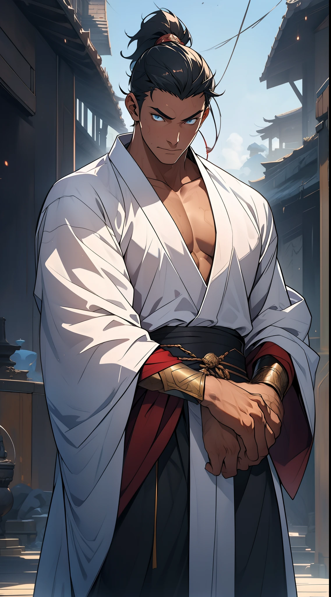 quadratic element,style of anime,mtu(Male Warrior),The proportions are correct,Face details,swordsmen,High ponytail hairstyle,Neck details,There is an Adam's apple,White robe,kaftan,long white robe,clothes details,Handing over,longer sleeves,Game quality,Swordsmanship,Light and shadow tracking,Ray traching,detailed glow,cg render,hair detail,cabelos preto e longos,blue colored eyes,Handsome,Handsome,(juvenile sense),Clothing is complicated,Perfectcomposition,Refinement,high qulity,higher details,Lots of details,The background is complex,a sense of atmosphere,