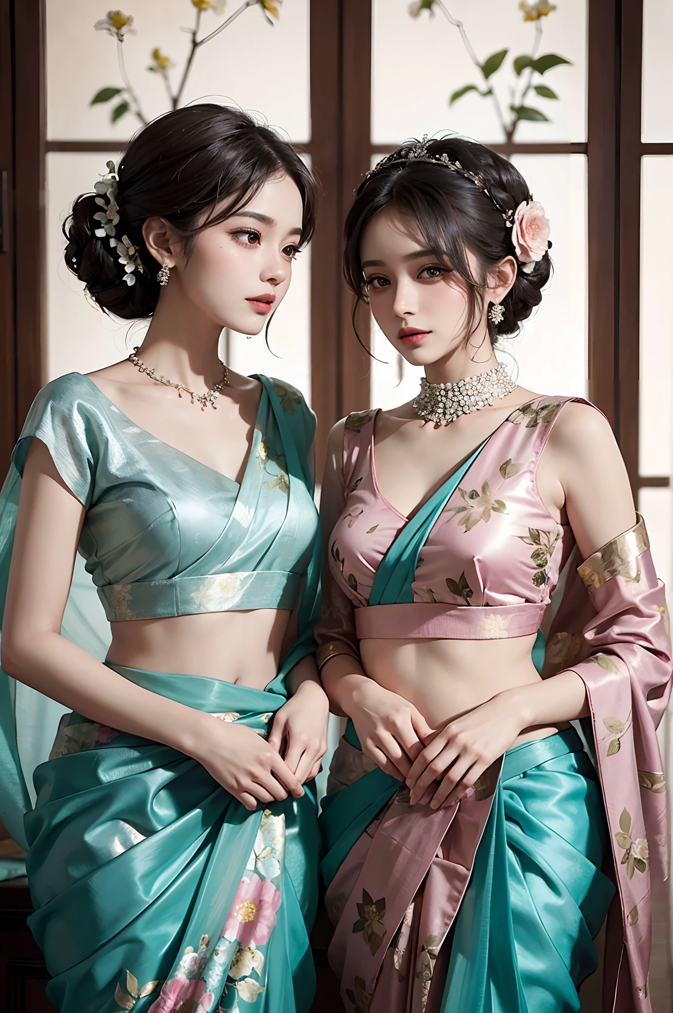 Portrait of two stunning women in a floral organza saree, radiating elegance and sophistication. Her graceful presence showcases the timeless beauty of floral prints.