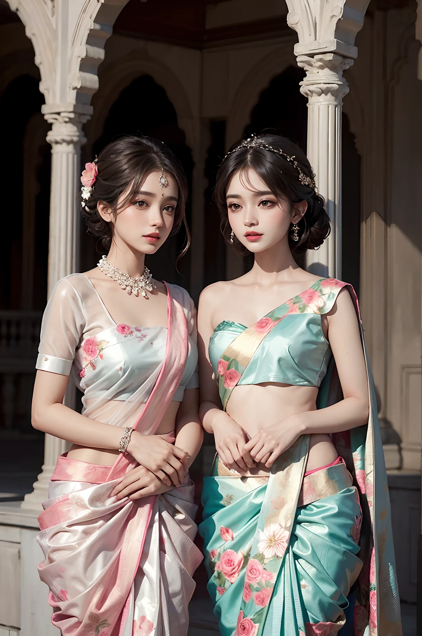 Portrait of two stunning women in a floral organza saree, radiating elegance and sophistication. Her graceful presence showcases the timeless beauty of floral prints.
