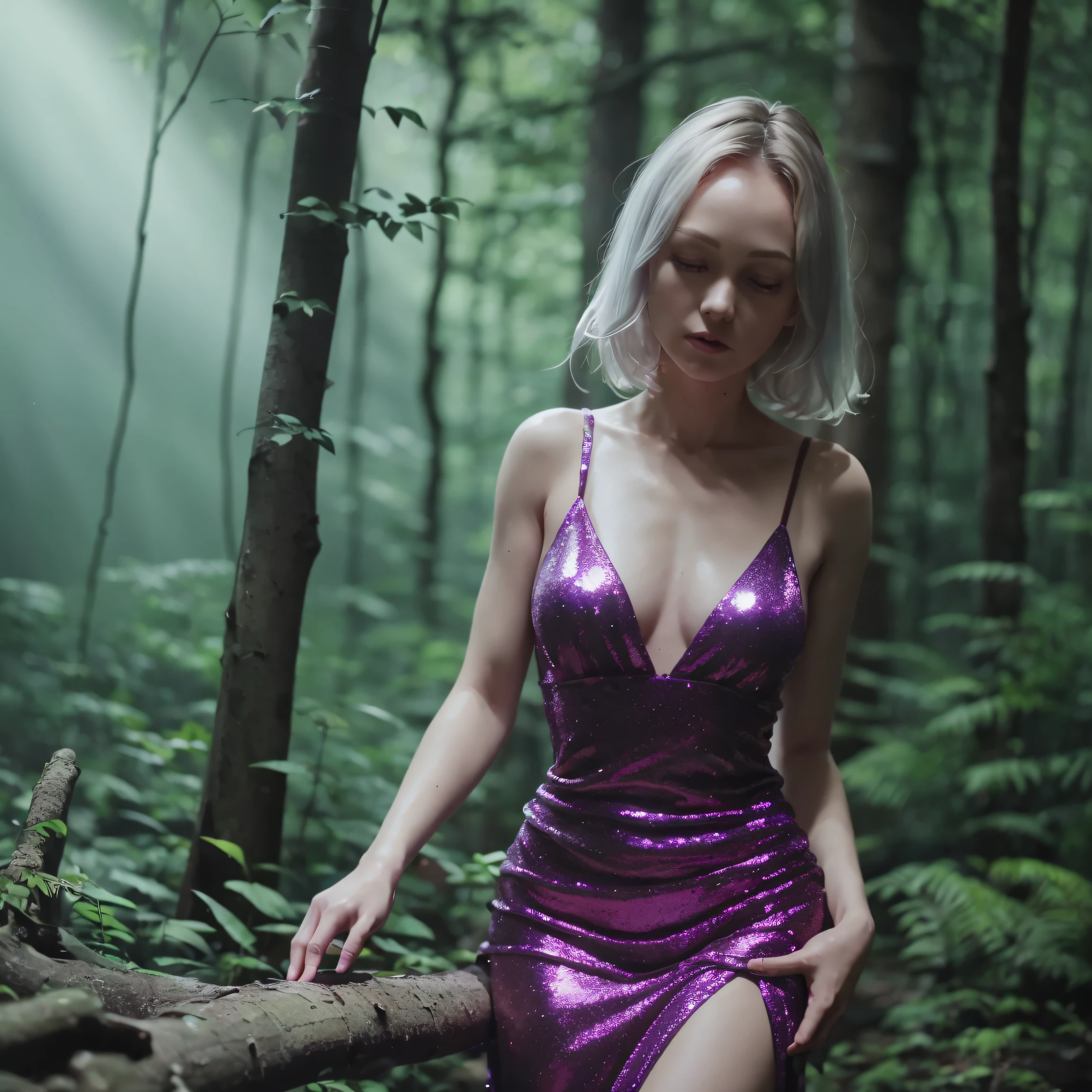 In the mystical forest, Irina explored the unknown. Her sexy dress, shimmering in shades of amethyst, complemented the magical surroundings. The glow effect around her made her look like a fairy. What magical encounters does Irina have in this enchanted forest?
