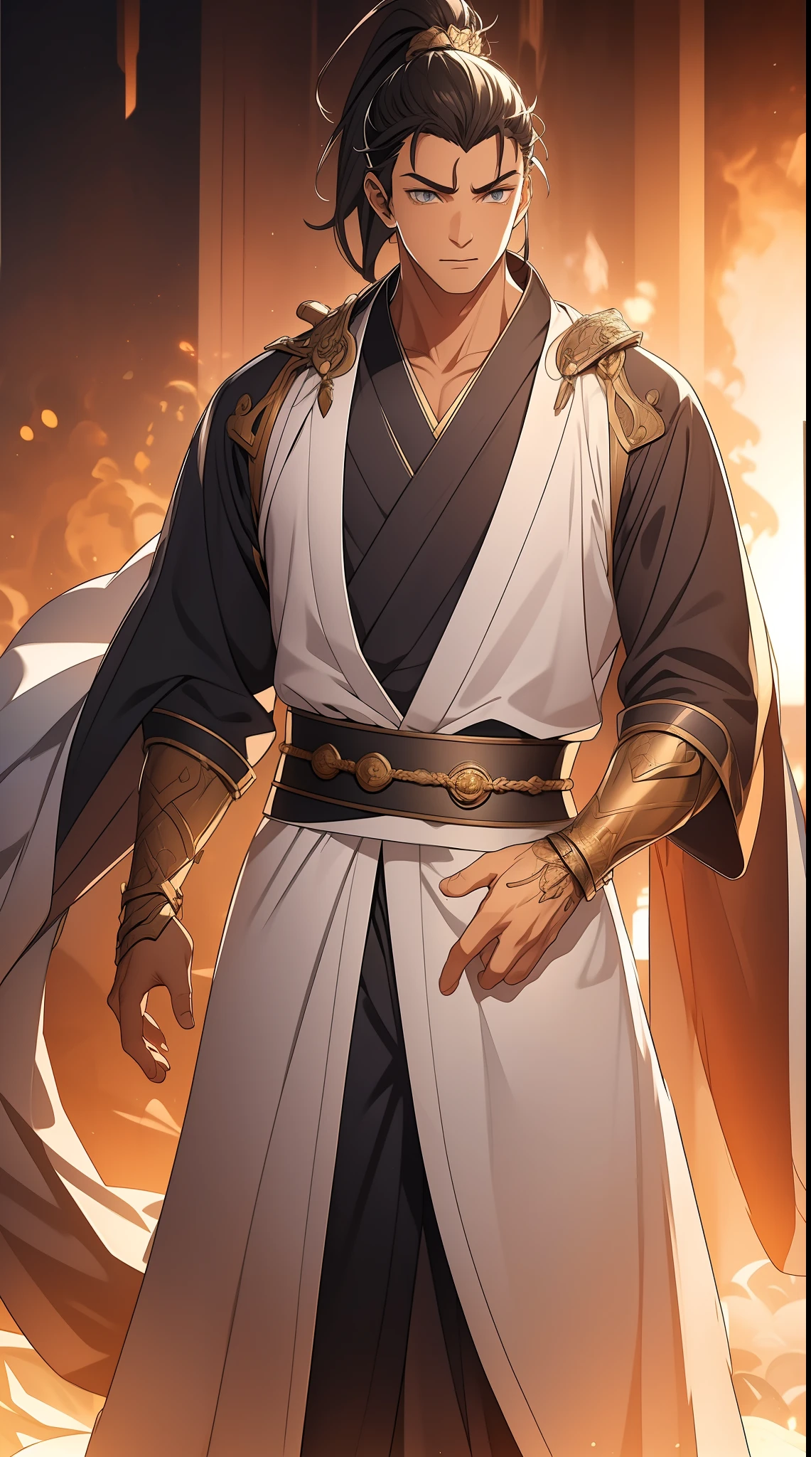 quadratic element，style of anime，mtu（Male Warrior），The proportions are correct，Face details，swordsmen，High ponytail hairstyle，Neck details，There is an Adam's apple，White robe，kaftan，long white robe，clothes details，Handing over，longer sleeves，Game quality，Swordsmanship，Light and shadow tracking，Ray traching，detailed glow，cg render，hair detail，cabelos preto e longos，blue colored eyes，Handsome，Handsome，（juvenile sense），Clothing is complicated，Perfectcomposition，Refinement，high qulity，higher details，Lots of details，The background is complex，a sense of atmosphere，