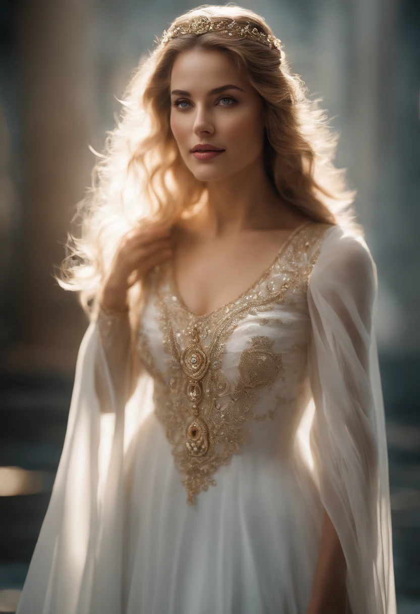 She is an ethereal vision, her cascading locks like golden silk,
framing a face adorned with delicate features.
Her eyes, pools of enchantment, hold a universe of secrets.
Her smile, a radiant sunbeam, can melt even the iciest hearts.
Graceful and elegant, she moves with the fluidity of a swan,
captivating all who are fortunate enough to behold her.
She is a masterpiece, a work of art, a living embodiment of beauty.
perfect detailed symmetric eyes, detailed gorgeous face