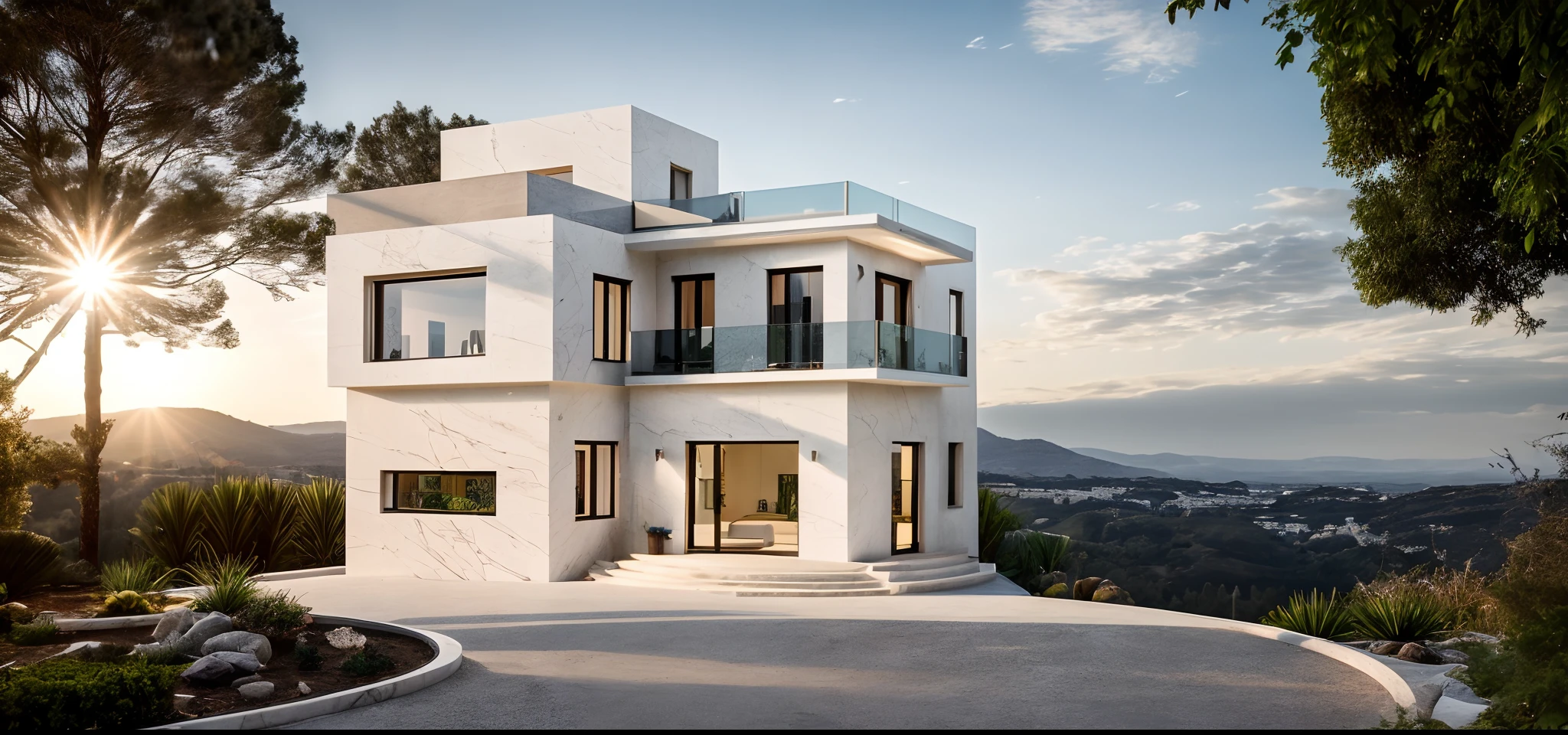the photo was take in the sunlight, the photo was take in high quality, (masterpiece), (realistic),
an award winning photography of exterior contemporary house in a beautiful landscape, luxurios facade style, glossy marble,
full interior furnitures inside of house and can be seen through the glass, lighting indoor