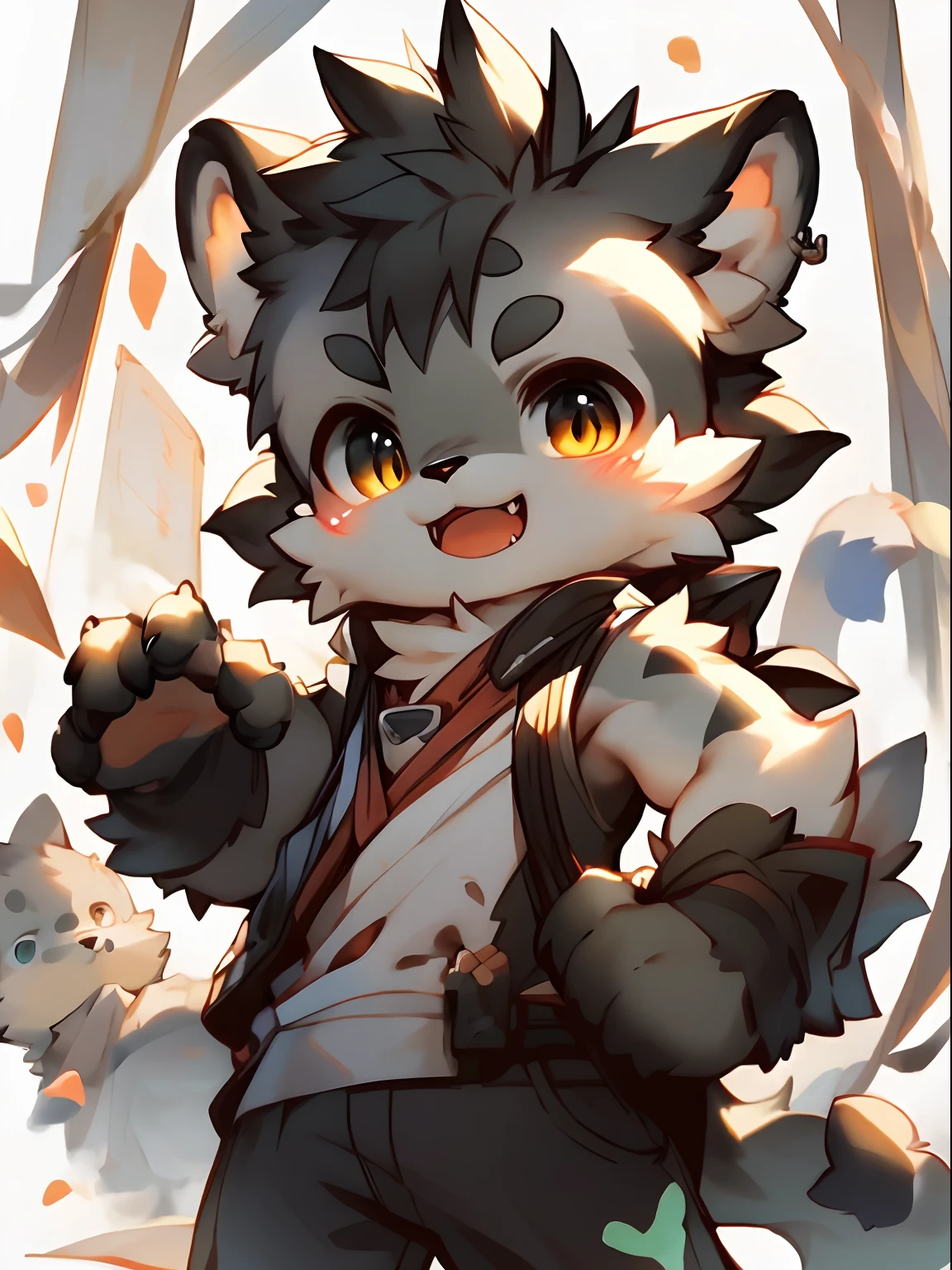 Black and white fur,Gold eyes,hairy chest,(Fluffy tail:1.2),pull-up