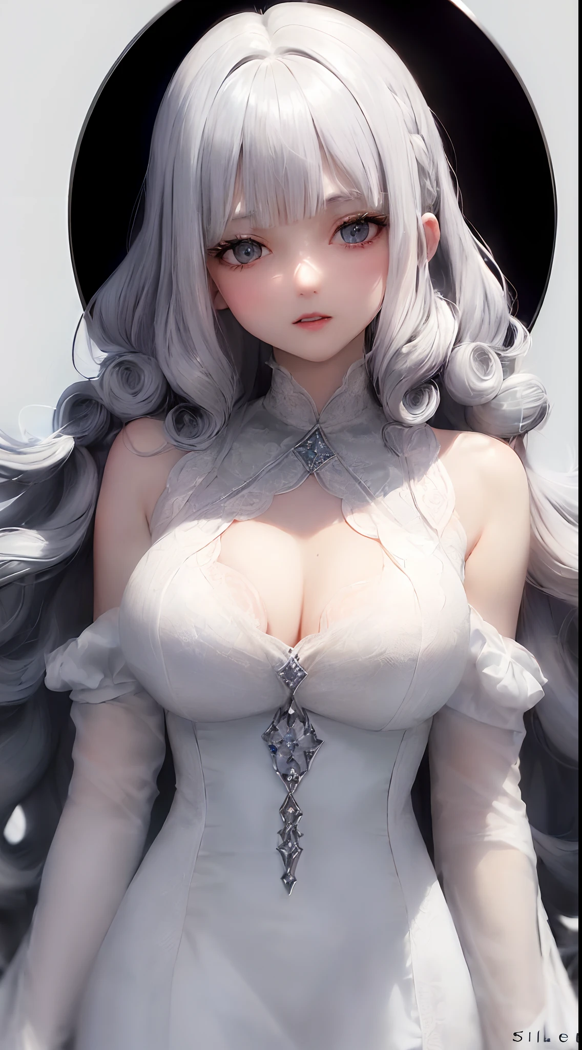 (((silber hair、Cowboy Shot、Upper body、 upper body closeup、Portrait、looking in camera)))、[monochromes:Subdued Color:2.6] theme, (masutepiece), (Best Quality), , Light Layer, Lustrous skin, (intricate-detail , taut clothes, ),  White hair, hime-cut, Blunt bangs、Blue eyes、 30s、(maturefemale)、((long curly hair、White cardigan、Black Dress、Beautiful breasts))、symmetry、Thick lip、Lustrous lips、Tall lady、Standing Pose、white backgrounid、simple background、Single-color background、femele１a person、