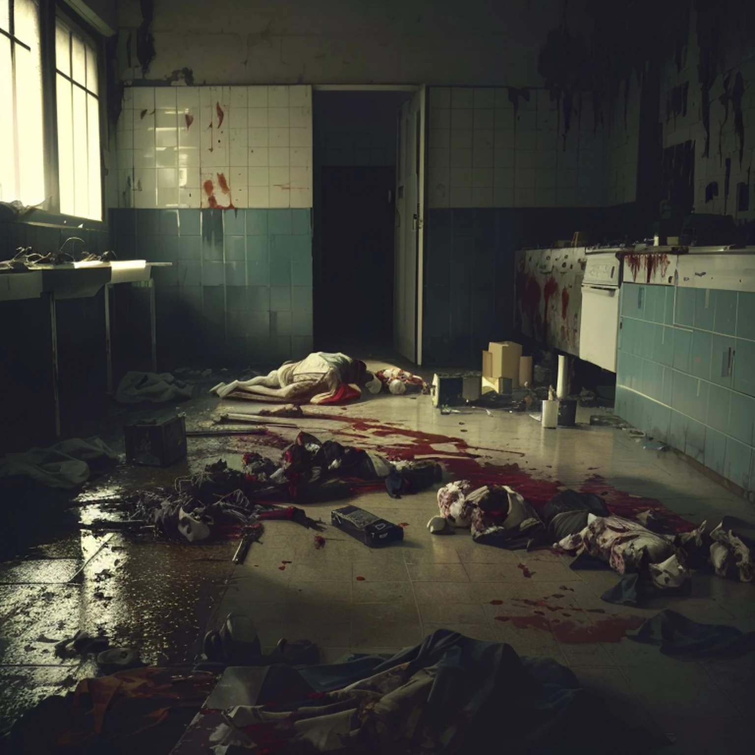 arafed room with a bunch of dead animals on the floor, corpses floor, blood puddles on the floor, dead bodies in the background, dead bodies everywhere, bloody scene, horror photography, crime scene photography, by Elsa Bleda, horror scene, alessio albi, hyperrealistic nightmare scene, murder scene, inspired by Elsa Bleda
