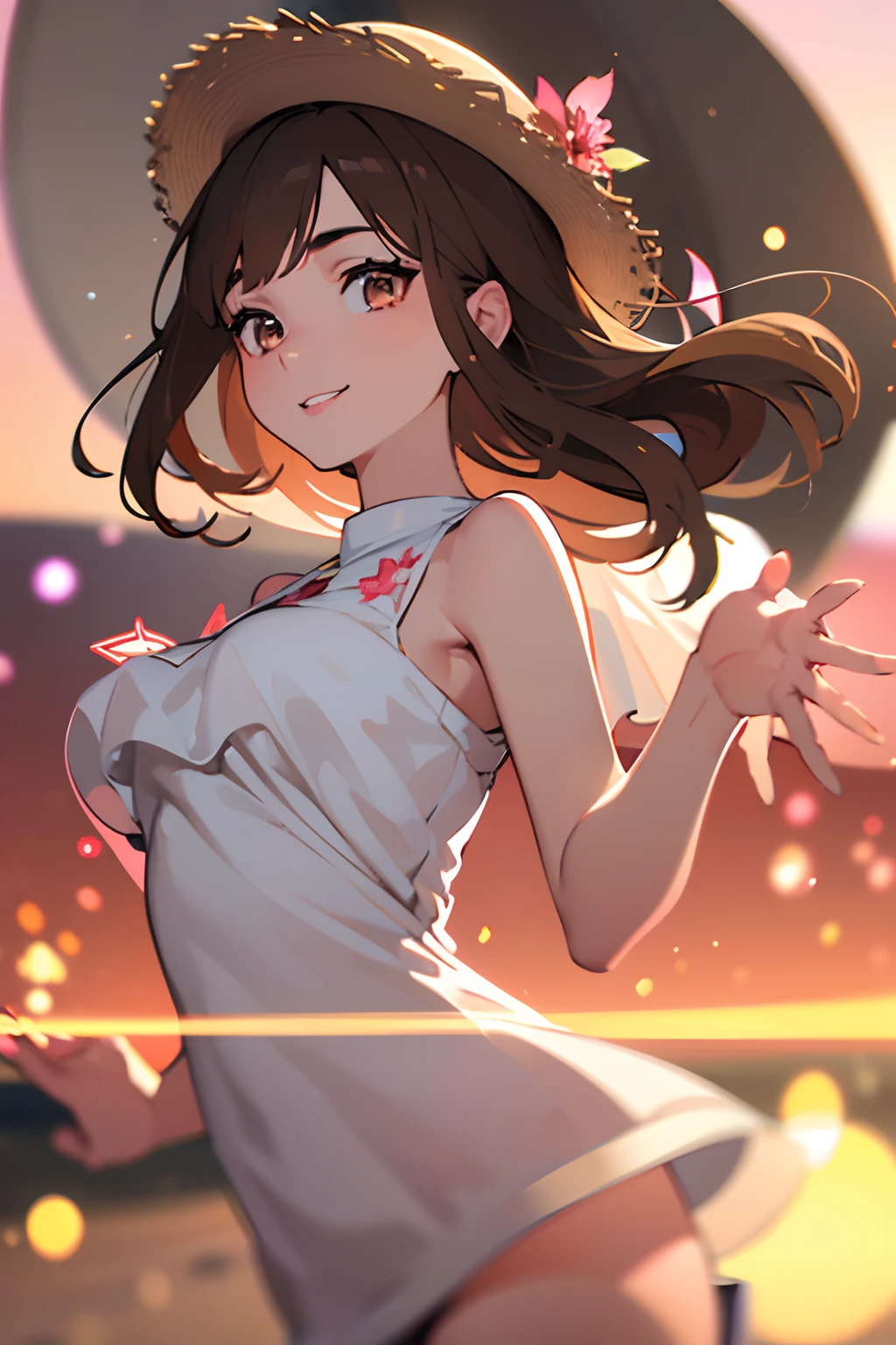 Masterpeace,((ultra highres)), ((best quality)), ((extremely detailed)), (glowing), (((radial blur:1.5))), super fine illustration, Stereoscopic feeling, depthoffield, dutch_angle, looking_at_viewer, beautiful detailed fullbody, flat chest,,1 girl,solo, (light smile), ((delicate facial features)),straw hat ,woman,female, young,25 years old,half updo, light brown hair, hair blowing with the wind, delicate beautiful face, parted_lips, delicate hands, medium_breasts, , brown eyes,(white skin), (white dress),tank_top, outdoors, beach, (sunset), bloom,