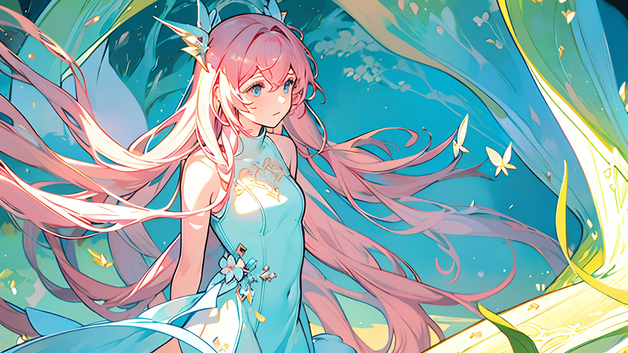 1girl in,Alone,Single,Solo,only one,One character,(((Personage as the main perspective))),(((characters in the middle))),((masutepiece)),((Best Quality)),(Ultra-detailed),(Illustration),Clear margins,Alphonse Mucha,the Extremely Detailed CG Unity 8K Wallpapers,((extremely delicate and beautiful)),(Dynamic Angle),Enchanted forest at night illuminated by glowing mushrooms,((Tindall Effect)),(Fluorescent mushroom forest background),1girl in,(arms behind back),(Beautiful detailed eyes),Cute pink eyes,Golden pupil,Detailed face,Upper body,White Dress,messy floating pink hair,disheveled hair,Focus,(beautiful water),River,Flying butterfly,Sunlight,shine,Chiaroscuro,Ray-Ban_tracing,(Painting),[[[[[[8k artistic photography]]]]]],