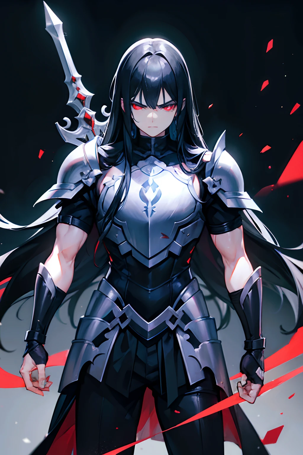 Man with long black hair wearing black paladin armor while holding a long black sword in his hand as his eyes glow red and his muscles stand out with a serious look on his face