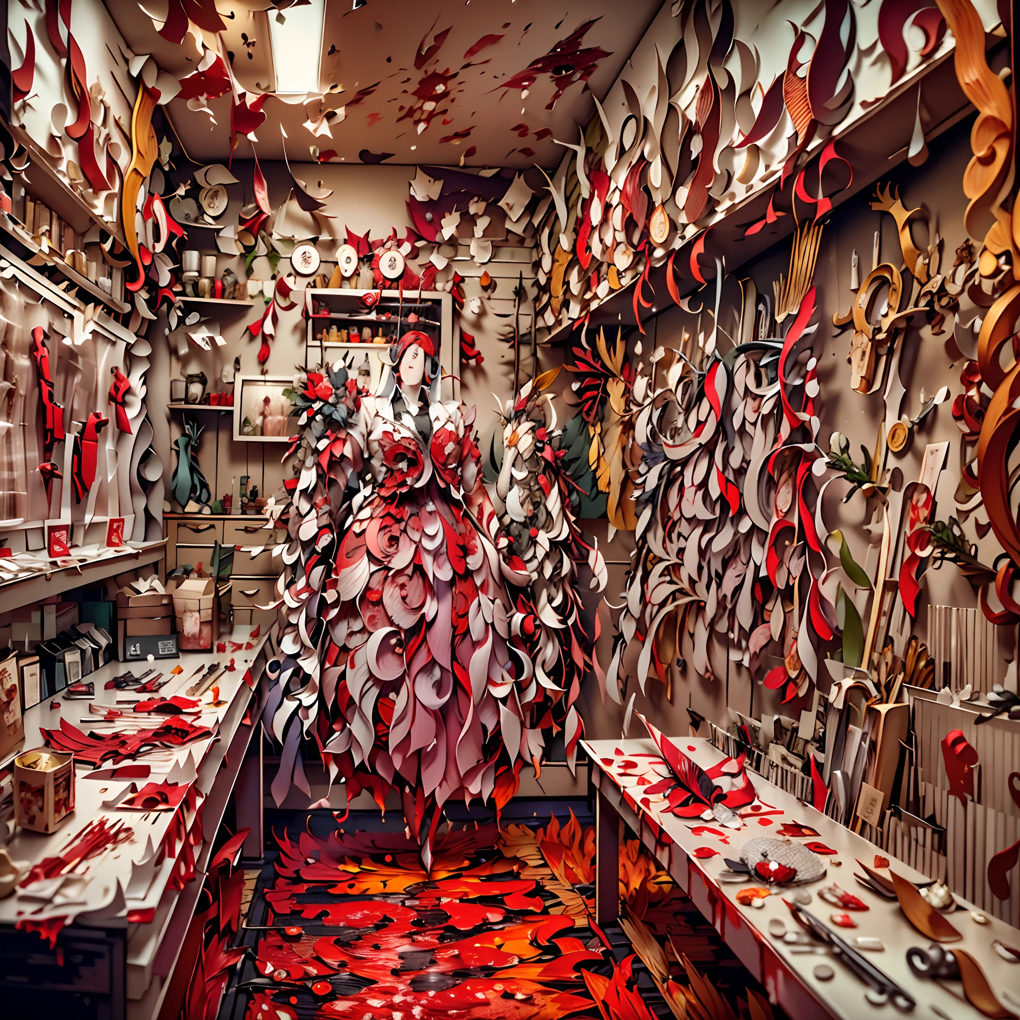 Paper Cuttings style： (((Inside the Bloody Parts Store))),(crowed:1.2),[Bloody tools],  [Terrible surgical instruments], [Eerily dim lighting],  [Disturbing mural], [Horror movie props], [Creepy shadows], [Glass Kan], [Creepy costumes], [Distorted mirror], [Bloody floor],  [Psychiatric scientist],  [sinister expressions], [Grinding chains],   [Bloodstained price tag], [creepy atmosphera]