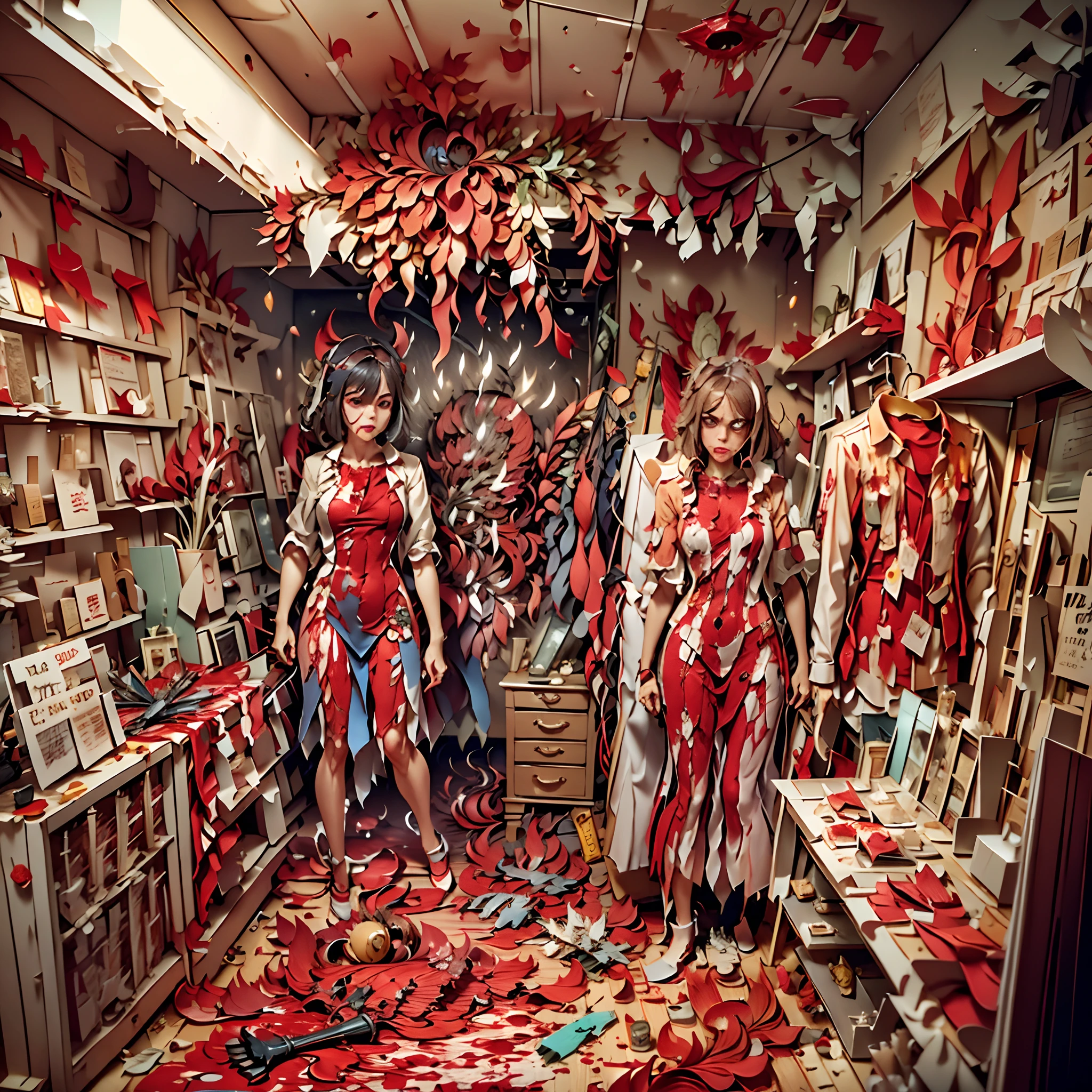Paper Cuttings style： (((Inside the Bloody Parts Store))),(crowed:1.2),[Bloody tools],  [Terrible surgical instruments], [Eerily dim lighting],  [Disturbing mural], [Horror movie props], [Creepy shadows], [Glass Kan], [Creepy costumes], [Distorted mirror], [Bloody floor],  [Psychiatric scientist],  [sinister expressions], [Grinding chains],   [Bloodstained price tag], [creepy atmosphera]