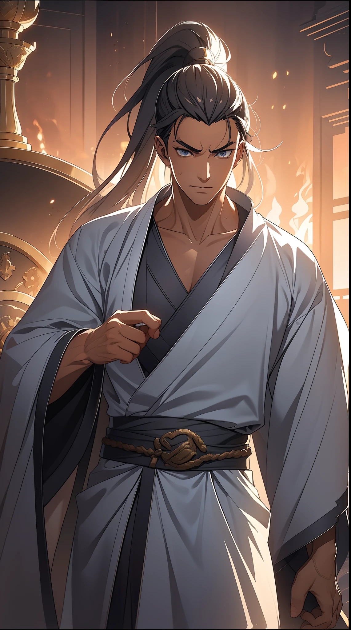 quadratic element，style of anime，mtu（Male Warrior），The proportions are correct，Face details，swordsmen，High ponytail hairstyle，Neck details，There is an Adam's apple，White robe，kaftan，long white robe，clothes details，Handing over，longer sleeves，Game quality，Swordsmanship，Light and shadow tracking，Ray traching，detailed glow，cg render，hair detail，cabelos preto e longos，blue colored eyes，Handsome，Handsome，（juvenile sense），Clothing is complicated，Perfectcomposition，Refinement，high qulity，higher details，Lots of details，The background is complex，a sense of atmosphere，