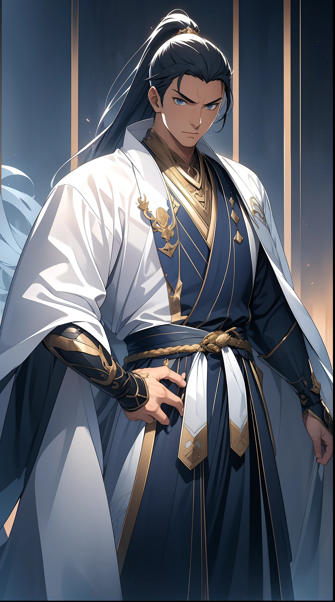 quadratic element,style of anime,mtu(Male Warrior),musculature,The proportions are correct,Face details,swordsmen,High ponytail hairstyle,perspired,Sweat on the face,drools,Neck details,There is an Adam's apple,Get wet,Drenched,Black Hanfu,kaftan,Embroidered robes,Black robe,clothes details,Handing over,longer sleeves,Game quality,Swordsmanship,Light and shadow tracking,Ray traching,detailed glow,cg render,hair detail,cabelos preto e longos,Golden eyes,Sweat on the face,Handsome,Handsome,Beads of sweat slipped down my neck,(juvenile sense),Clothing is complicated,Drenched,Get wet,Perfectcomposition,Refinement,high qulity,higher details,Lots of details,The background is complex,a sense of atmosphere,