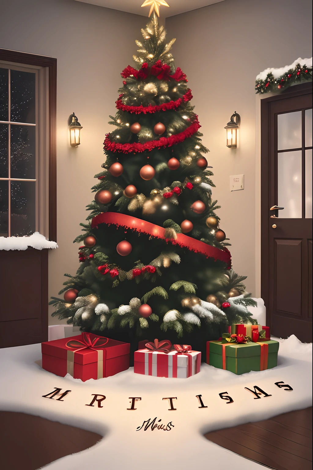 Christmas greetings scene, a house full of happiness in a christmay day, christmas athmosphere, happy, christmas gifts, chriatmas tree, lights, printable, 8k