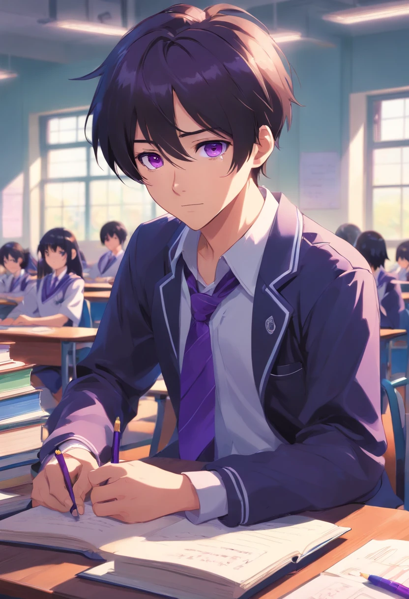 A young man in a school uniform, Purple eyes and dark black hair, I am studying carefully.