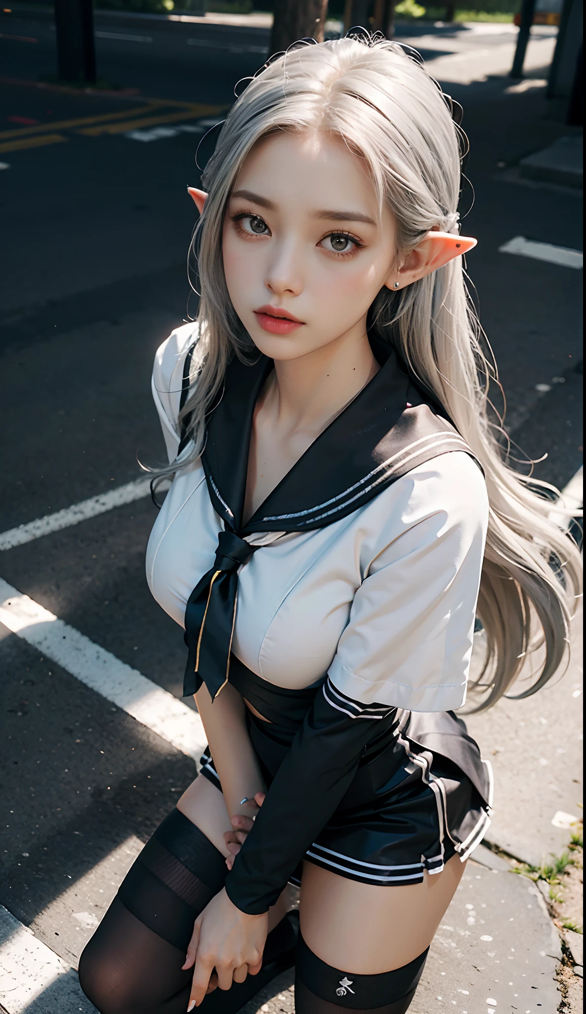 (the street：1. Mature elven beauty，standing on your feet，a sailor suit）， tmasterpiece， best qualtiy， RAW photogr， realisticlying， Incredibly Ridiculous res，Elf long ears， ear studs，hair pin， (Long silver-white flowing hair)，eye shadows，(a sailor suit)，eardrop，foot ring，short  skirt，(Black sport socks)（Black half-knee socks)，Loafer shoes，two longer legs，depth of fields， A high resolution， ultra - detailed， filigree， RAWE is very detailed， very detailed eyes and faces， Sharp pupils， realistic pupil， tack sharp focus， cinmatic lighting，full bodyesbian，Bigboobs，long leges，From the front side，banquet，dynamicposes，Normal posture，closeup of face