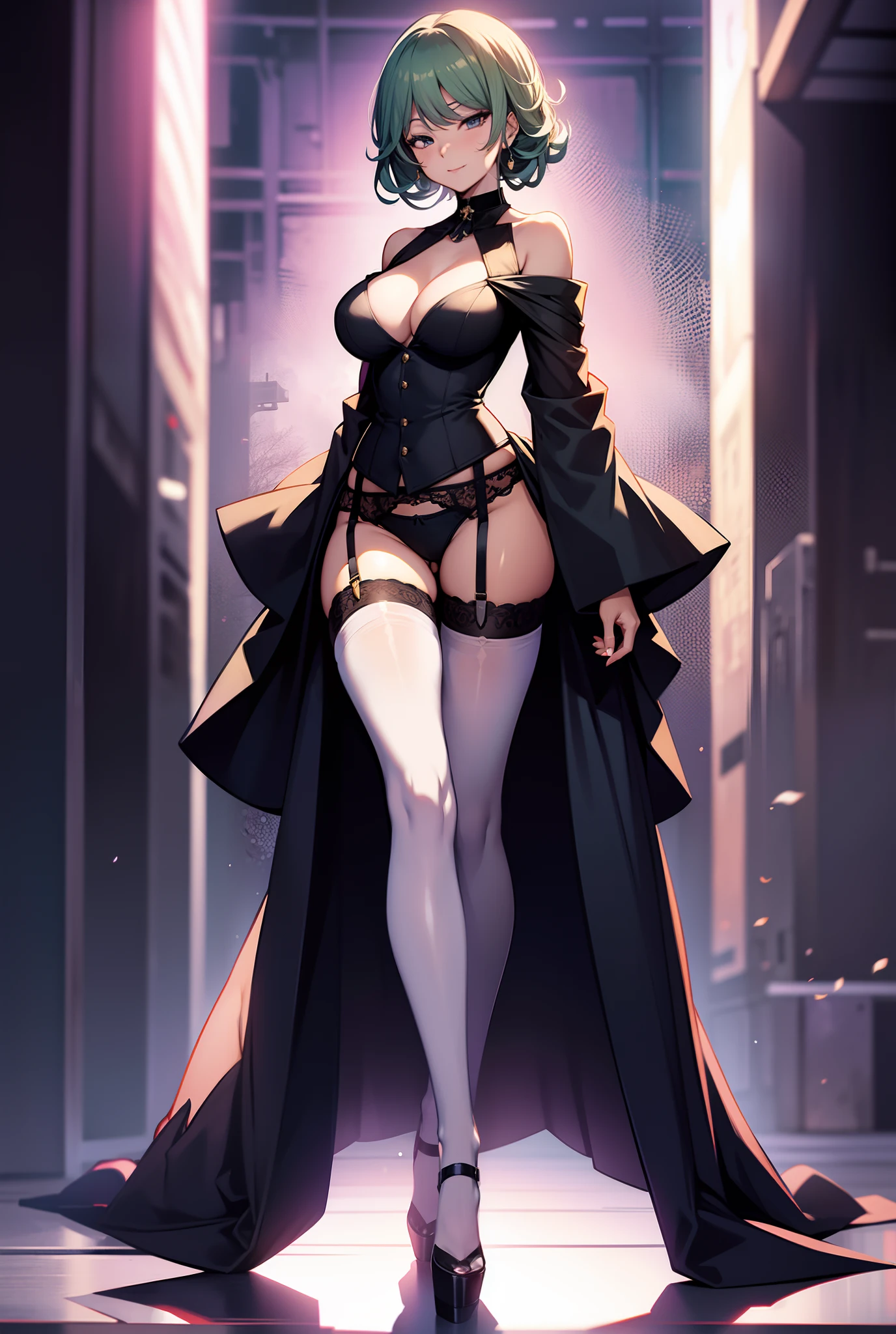 tatsumaki, wearing a choker, happy, lonely, wide hips, bangs, medium boobs, stockings, garter belt, peep toe high heels, solo, full body