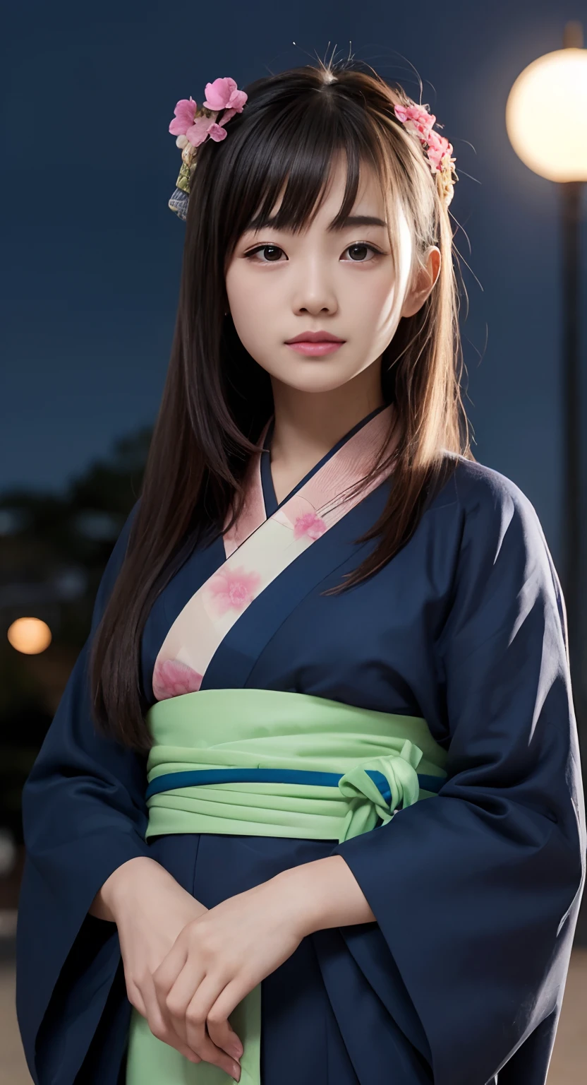 (top-quality、​masterpiece:1.2)、Best Quality、realisitic、photoshot、hight resolution、1080p、8K、Textured skin、Physical Rendering、1 Japan Girls、a junior high school student、kawaii、Young Face、Rolled hair、(japanese kimono:1.5)、fullmoon、Night、read a book、full of shyness、smil、Big