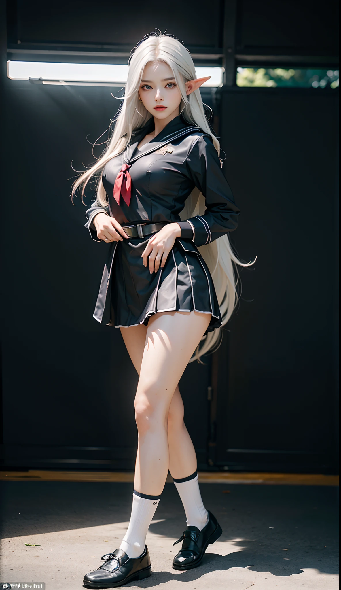 (gakuran:1. Mature elven beauty,standing on your feet,a sailor suit), tmasterpiece, best qualtiy, RAW photogr, realisticlying, Incredibly Ridiculous res,Elf long ears, ear studs,hair pin, (Long silver-white flowing hair),eye shadows,(a sailor suit),eardrop,foot ring,short skirt,(Black sport socks)(Black half-knee socks),Loafer shoes,two longer legs,depth of fields, A high resolution, ultra - detailed, filigree, RAWE is very detailed, very detailed eyes and faces, Sharp pupils, realistic pupil, tack sharp focus, cinmatic lighting,full bodyesbian,Bigboobs,long leges,From the front side,dynamicposes,Normal posture,closeup of face