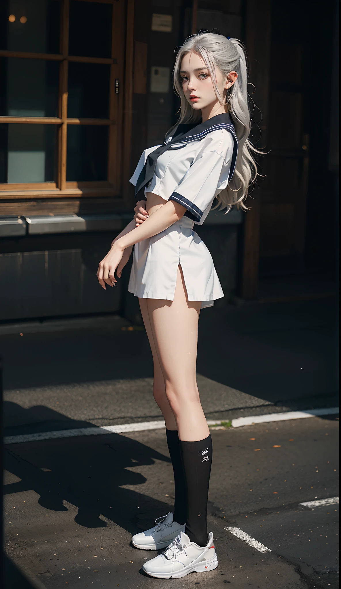 (gakuran:1. Mature elven beauty,standing on your feet,a sailor suit), tmasterpiece, best qualtiy, RAW photogr, realisticlying, Incredibly Ridiculous res,Elf long ears, ear studs,hair pin, (Long silver-white flowing hair),eye shadows,(a sailor suit),eardrop,foot ring,short skirt,(Black sport socks)(Black half-knee socks),Loafer shoes,two longer legs,depth of fields, A high resolution, ultra - detailed, filigree, RAWE is very detailed, very detailed eyes and faces, Sharp pupils, realistic pupil, tack sharp focus, cinmatic lighting,full bodyesbian,Bigboobs,long leges,From the front side,dynamicposes,Normal posture,closeup of face