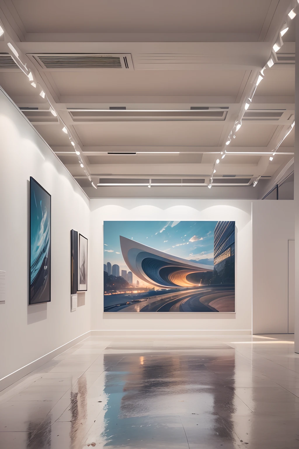 Art exhibitions,There is a wall in the middle of the exhibition hall,The painting on the wall is in the middle, Paintings on the walls, skyscape, Large airy windows, Zaha Hadid and Santiago Calatrava landscape panoramic style, Fish, Clear light, Edge lighting, Perfect image, Building summary style, 16k UE5. superfine, 8K, hdr, Product photography, Depth of field, Nikon D850, Ultra-realistic, no contrast, clean sharp focus, professional, No blurring