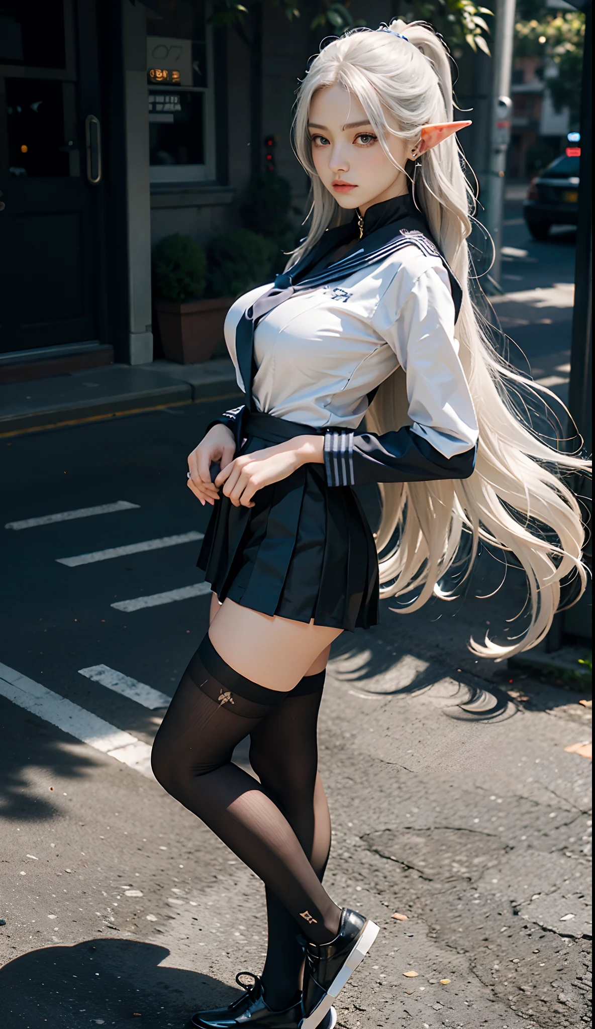 (gakuran:1. Mature elven beauty,standing on your feet,a sailor suit), tmasterpiece, best qualtiy, RAW photogr, realisticlying, Incredibly Ridiculous res,Elf long ears, ear studs,hair pin, (Long silver-white flowing hair),eye shadows,(a sailor suit),eardrop,foot ring,short skirt,(Black sport socks)(Black half-knee socks),Loafer shoes,two longer legs,depth of fields, A high resolution, ultra - detailed, filigree, RAWE is very detailed, very detailed eyes and faces, Sharp pupils, realistic pupil, tack sharp focus, cinmatic lighting,full bodyesbian,Bigboobs,long leges,From the front side,dynamicposes,Normal posture,closeup of face