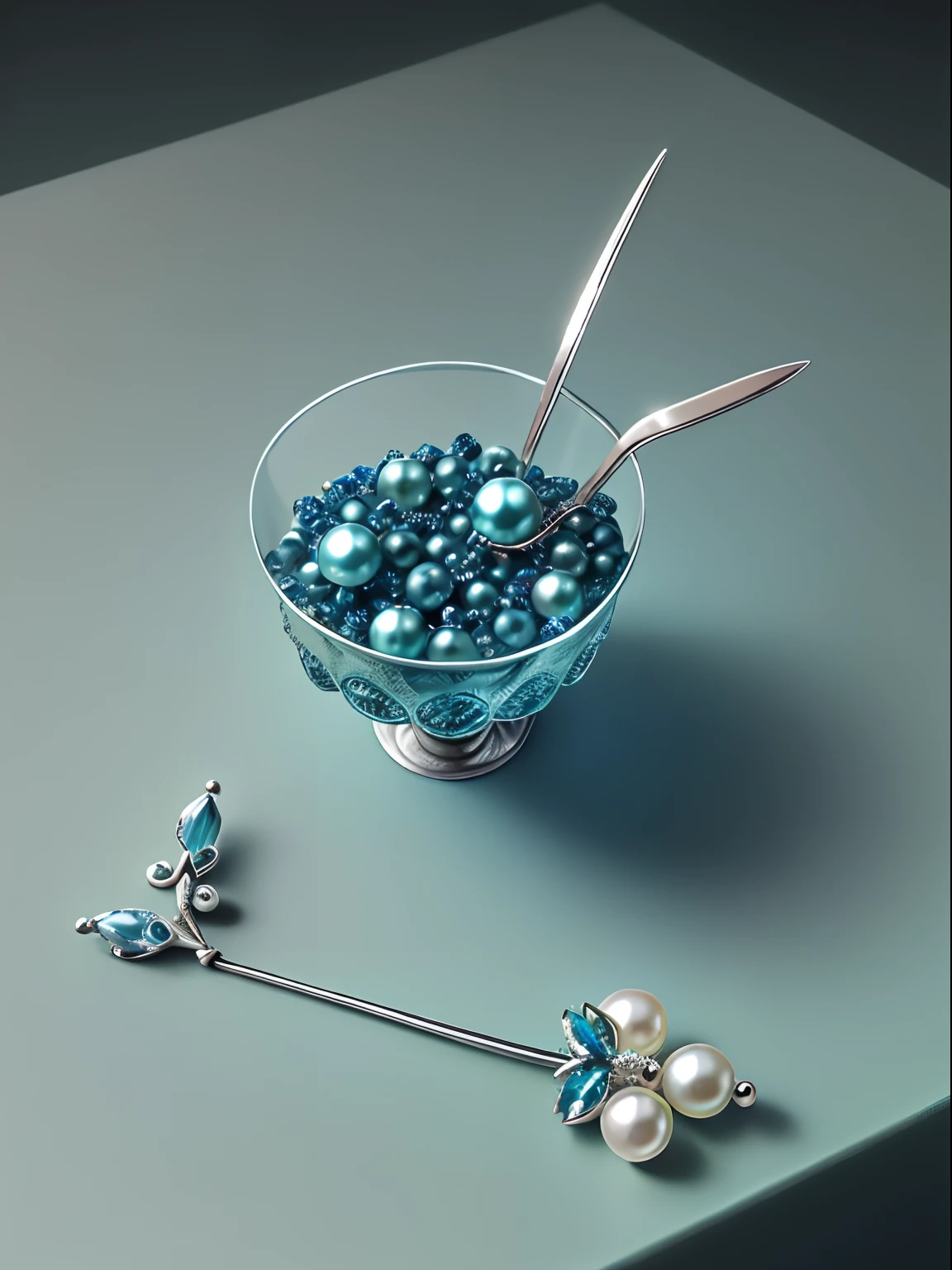 Top jewelry photography, Silver classical Chinese long-handled hairpin, Pearls and tassels, Place on a simple and clean table, With sapphire green and blue style as background, pastelcolor,Interesting and simple composition, products shot, Best image quality, Close-up