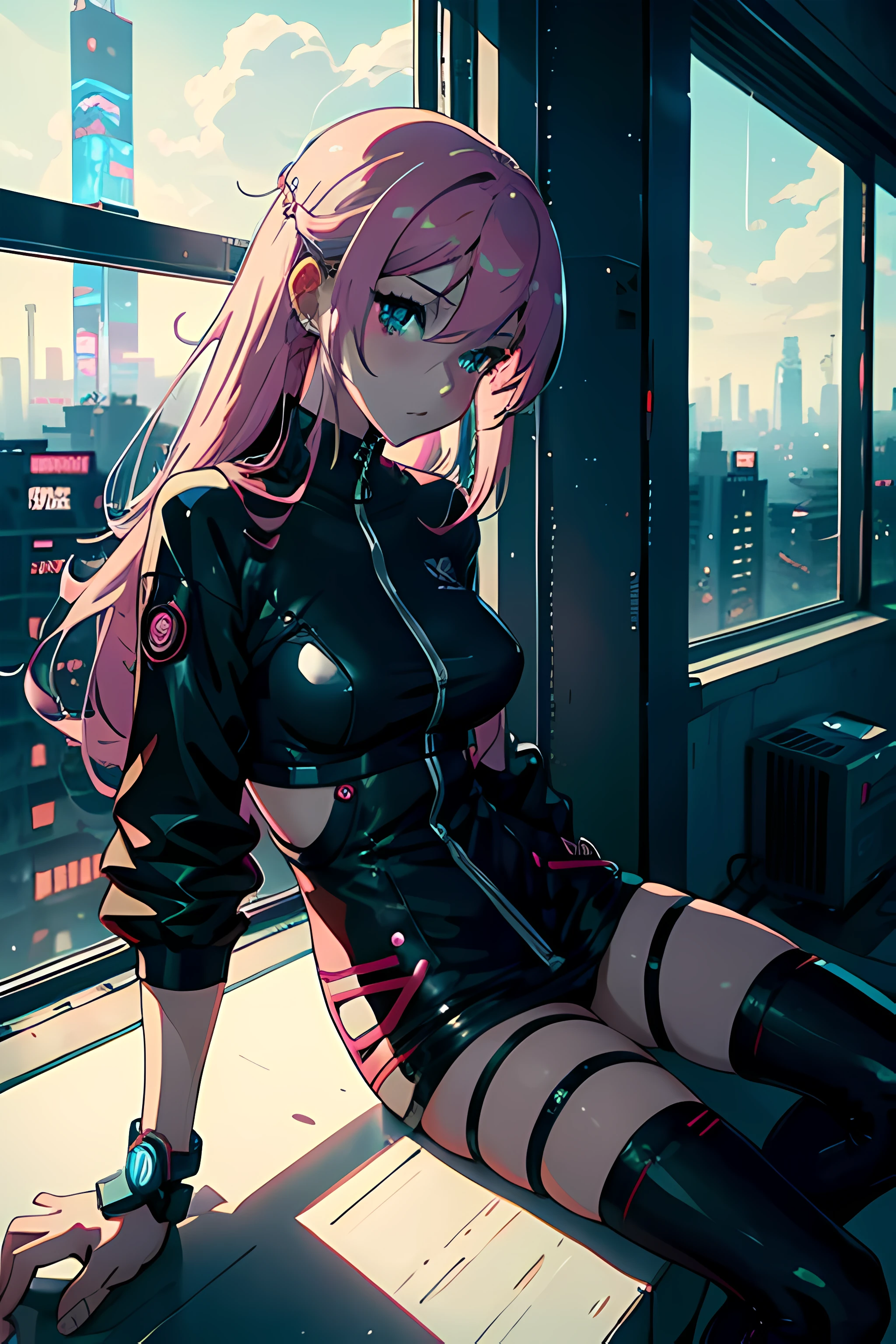anime girl sitting on a bed in a room, cyberpunk night city in the window, cyan and pink tones, digital cyberpunk anime art, anime cyberpunk art, cyberpunk anime art, digital cyberpunk - anime art, cyberpunk anime girl, modern cyberpunk anime, cyberpunk art style, anime style 4 k, anime cyberpunk, anime wallpaper 4 k, anime wallpaper 4k, anime art wallpaper 8 k, anime art wallpaper 4k