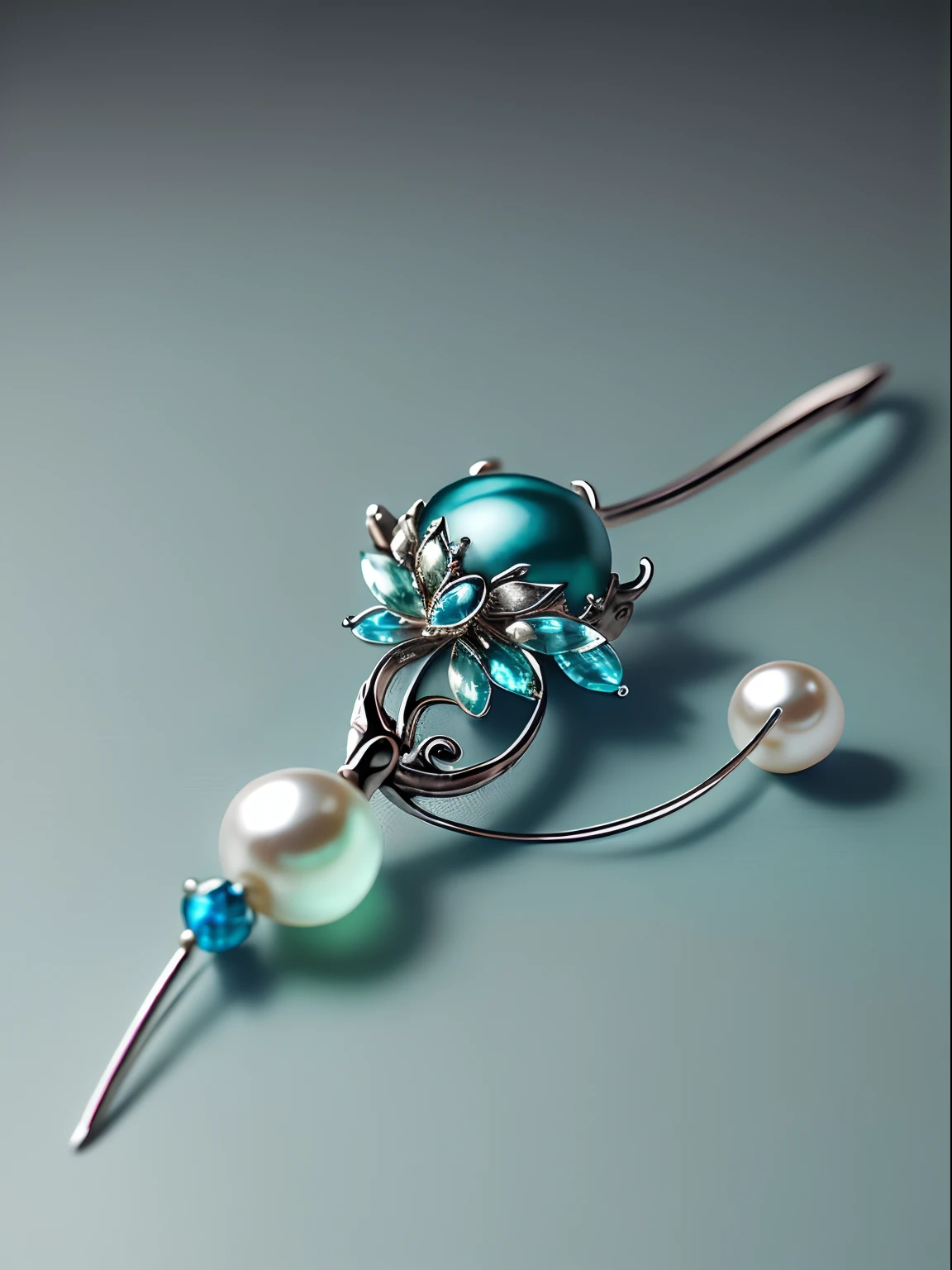 Top jewelry photography, Silver classical Chinese long-handled hairpin, Pearls and tassels, Place on a simple and clean table, With sapphire green and blue style as background, pastelcolor,Interesting and simple composition, products shot, Best image quality, Close-up