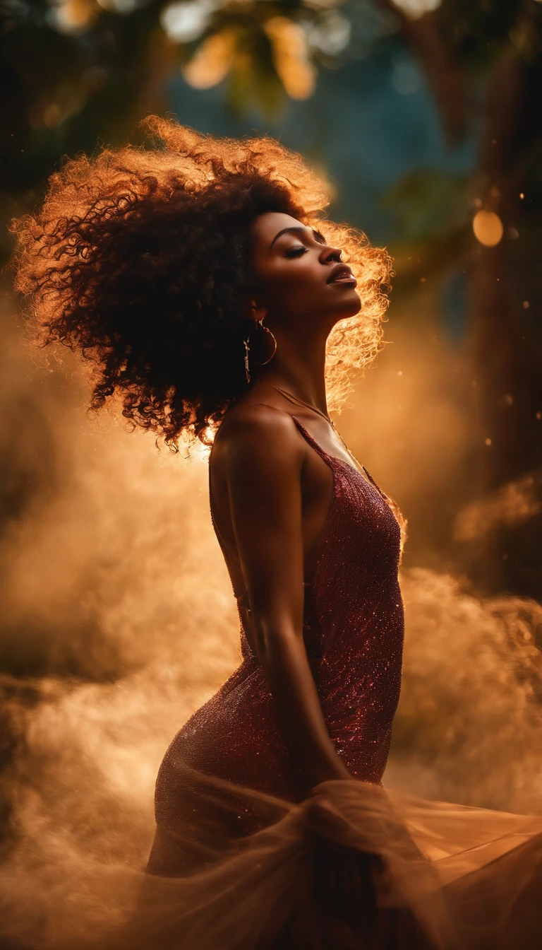 Em um quarto iluminado pela luz da lua que entra pela janela, A black woman with curly hair dances sensually, Ultra foto realismo