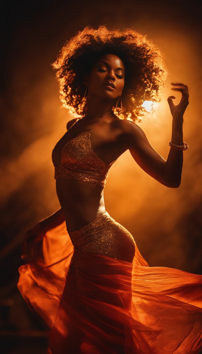 Em um quarto iluminado pela luz da lua que entra pela janela, A black woman with curly hair dances sensually, Ultra foto realismo