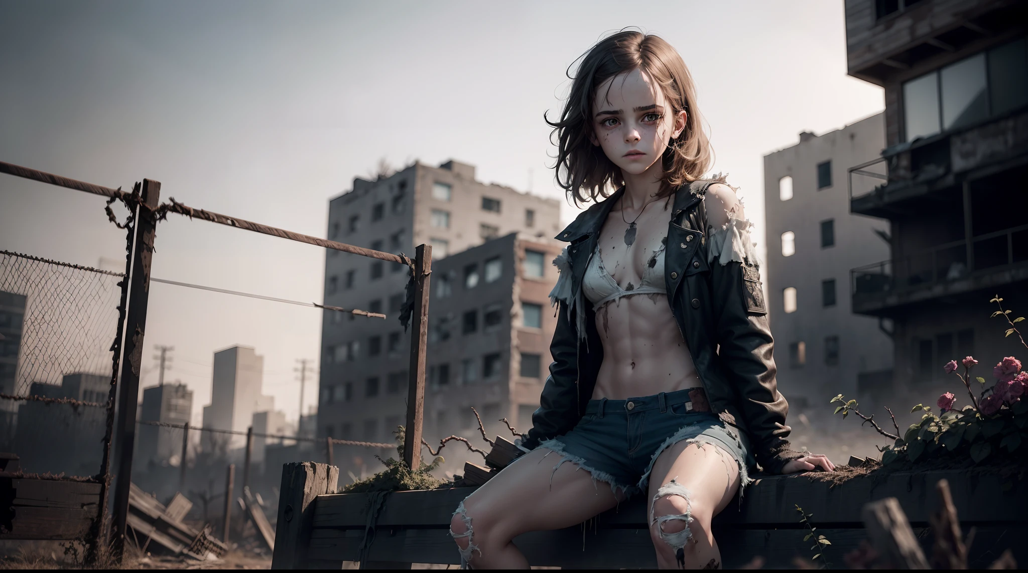 a teen emma watson as a zombie girl is sitting on a fence as a captivating figure amidst the desolation. her physical appearance tells a story of tragic transformation and decay, evoking both fascination and a sense of unease. the teenage zombie girl's once-youthful countenance is marred by the relentless grip of decay. Their her flesh, once vibrant and alive, now hangs in tattered shreds, exposing patches of decomposed muscle and bone beneath.