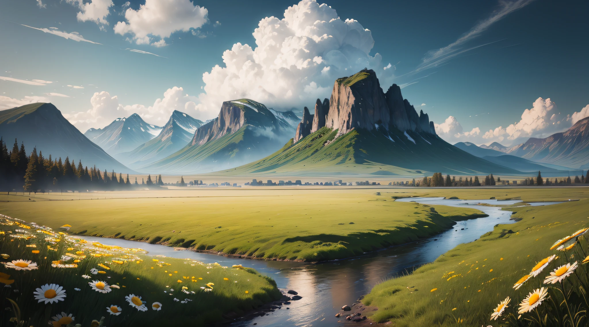 (best quality,4K,highres,masterpiece:1.2),ultra-detailed,realistic,photographic:1.37,grassy plains,streams,distant mountains,daisies,gloomy clouds,dark style,photography style,HDR,UHD,studio lighting,physically-based rendering,professional,vivid colors,sharp focus