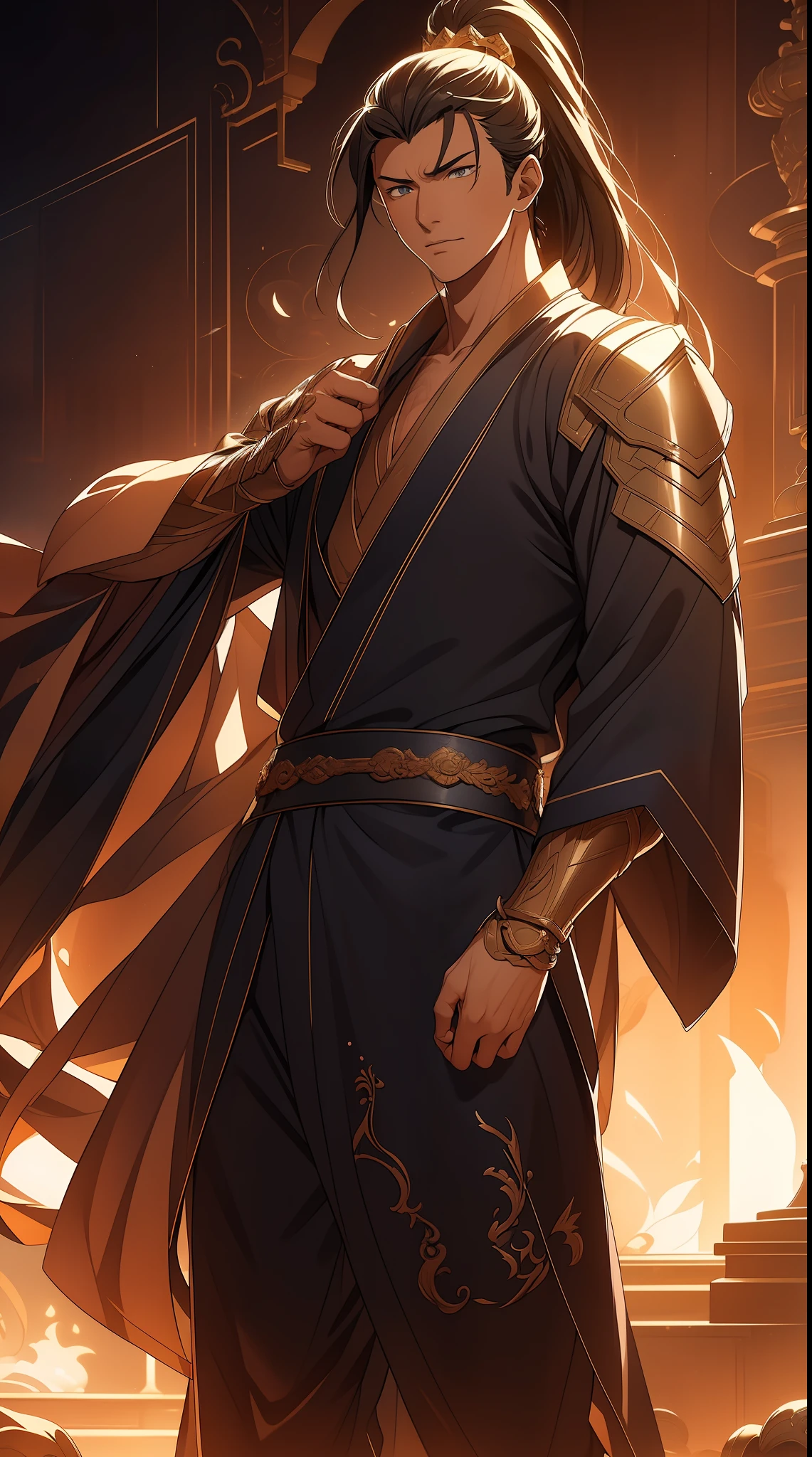 quadratic element,style of anime,mtu(Male Warrior),The proportions are correct,Face details,swordsmen,High ponytail hairstyle,Neck details,There is an Adam's apple,Blue suit,kaftan,long blue robes,clothes details,Handing over,longer sleeves,Game quality,Swordsmanship,Light and shadow tracking,Ray traching,detailed glow,cg render,hair detail,Black long hair,blue colored eyes,Handsome,Handsome,(juvenile sense),Clothing is complicated,Perfectcomposition,Refinement,high qulity,higher details,Lots of details,The background is complex,a sense of atmosphere,