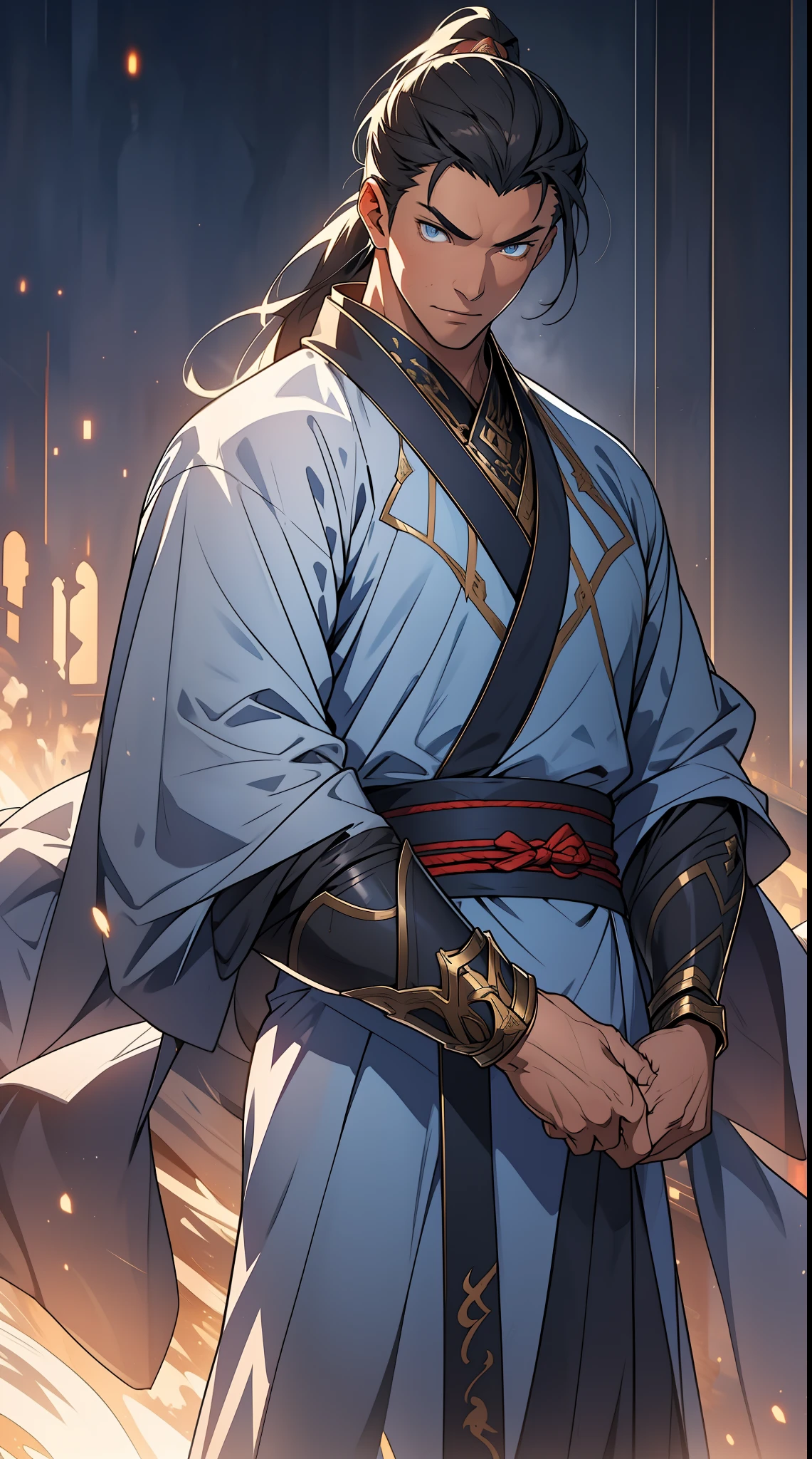 quadratic element，style of anime，mtu（Male Warrior），The proportions are correct，Face details，swordsmen，High ponytail hairstyle，Neck details，There is an Adam's apple，Blue suit，kaftan，long blue robes，clothes details，Handing over，longer sleeves，Game quality，Swordsmanship，Light and shadow tracking，Ray traching，detailed glow，cg render，hair detail，Black long hair，blue colored eyes，Handsome，Handsome，（juvenile sense），Clothing is complicated，Perfectcomposition，Refinement，high qulity，higher details，Lots of details，The background is complex，a sense of atmosphere，