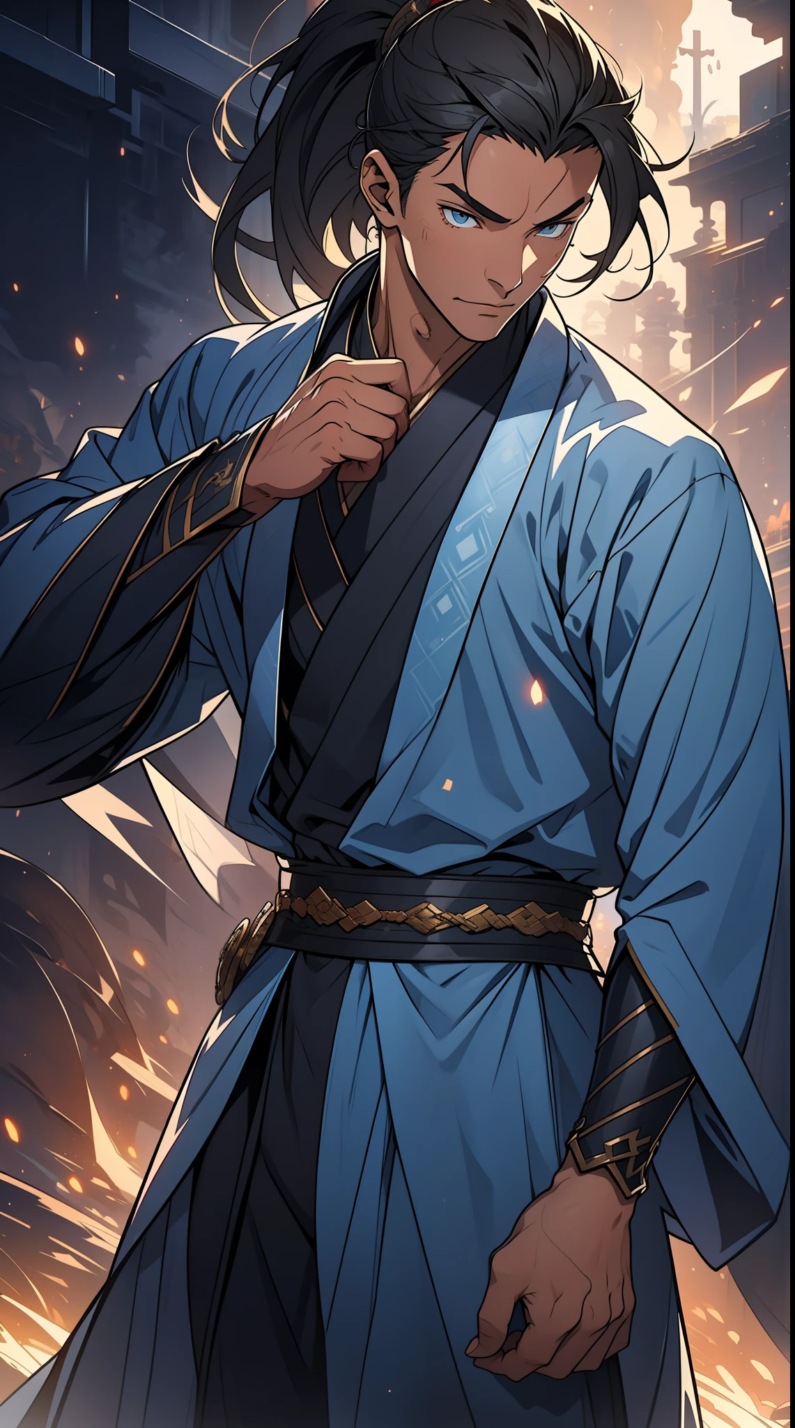quadratic element，style of anime，mtu（Male Warrior），The proportions are correct，Face details，swordsmen，High ponytail hairstyle，Neck details，There is an Adam's apple，Blue suit，kaftan，long blue robes，clothes details，Handing over，longer sleeves，Game quality，Swordsmanship，Light and shadow tracking，Ray traching，detailed glow，cg render，hair detail，Black long hair，blue colored eyes，Handsome，Handsome，（juvenile sense），Clothing is complicated，Perfectcomposition，Refinement，high qulity，higher details，Lots of details，The background is complex，a sense of atmosphere，