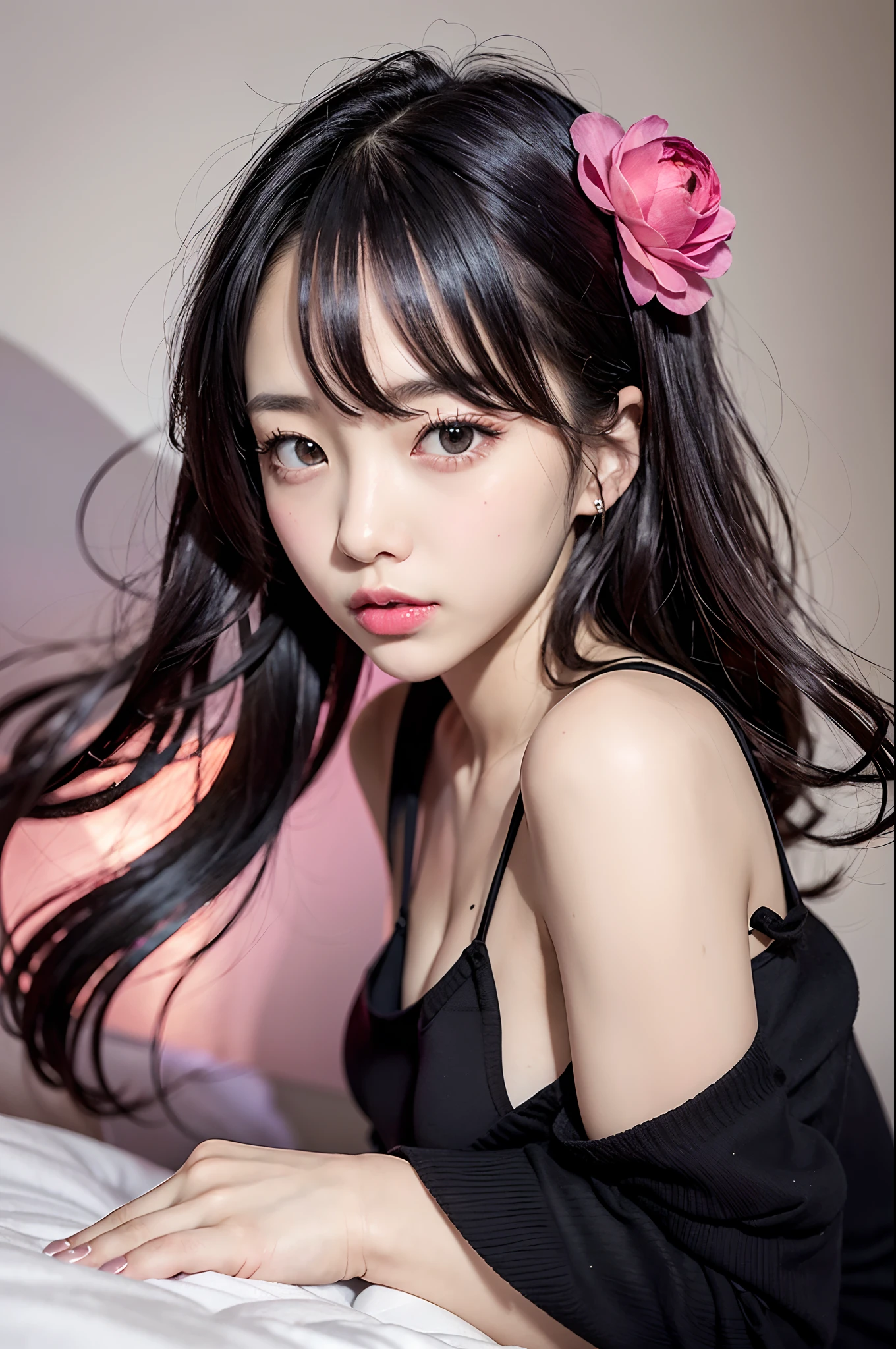女の子1人、 girl、A dark-haired、hair adornments、garments(Black Goth Lory Style Dress、Black miniskirt,Casual enough to see underwear)petite and very slender figure,,,,,,,,,,,,,,、very slender legs、manicure、耳Nipple Ring、Pink lip、a picture、realisticlying、sexuell、top-quality、adopt、A detailed face、细致背景、depth of fields、Sleeping on your back in bed、Erotic feeling、Full-body angle of view、独奏、natta