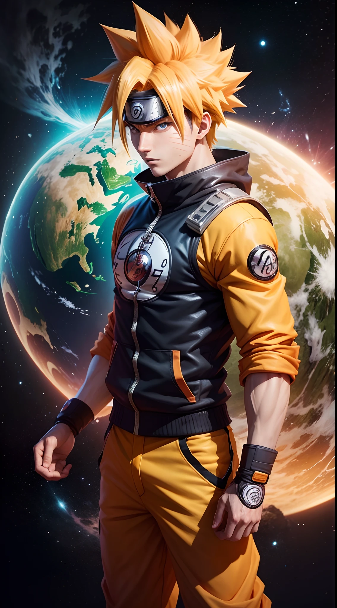 1 Personagen, Merger between Naruto and Goku, fundo planeta Terra, Orbit, outer space