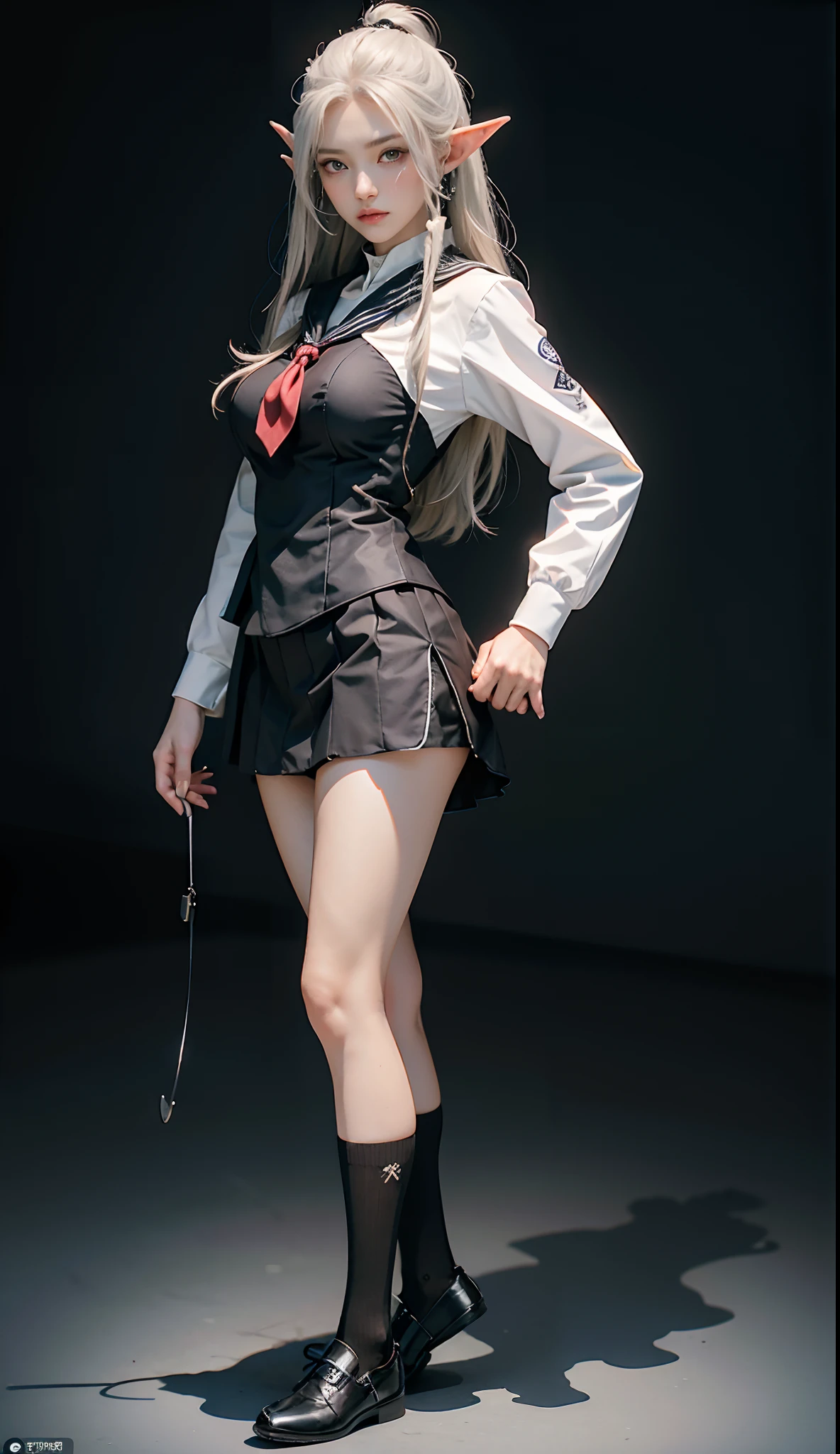(gakuran:1. Mature elven beauty,standing on your feet,a sailor suit), tmasterpiece, best qualtiy, RAW photogr, realisticlying, Incredibly Ridiculous res,Elf long ears, ear studs,hair pin, (Long silver-white flowing hair),eye shadows,(a sailor suit),eardrop,foot ring,short skirt,(Black sport socks)(Black half-knee socks),Loafer shoes,two longer legs,depth of fields, A high resolution, ultra - detailed, filigree, RAWE is very detailed, very detailed eyes and faces, Sharp pupils, realistic pupil, tack sharp focus, cinmatic lighting,full bodyesbian,Bigboobs,long leges,From the front side,dynamicposes,Normal posture,closeup of face