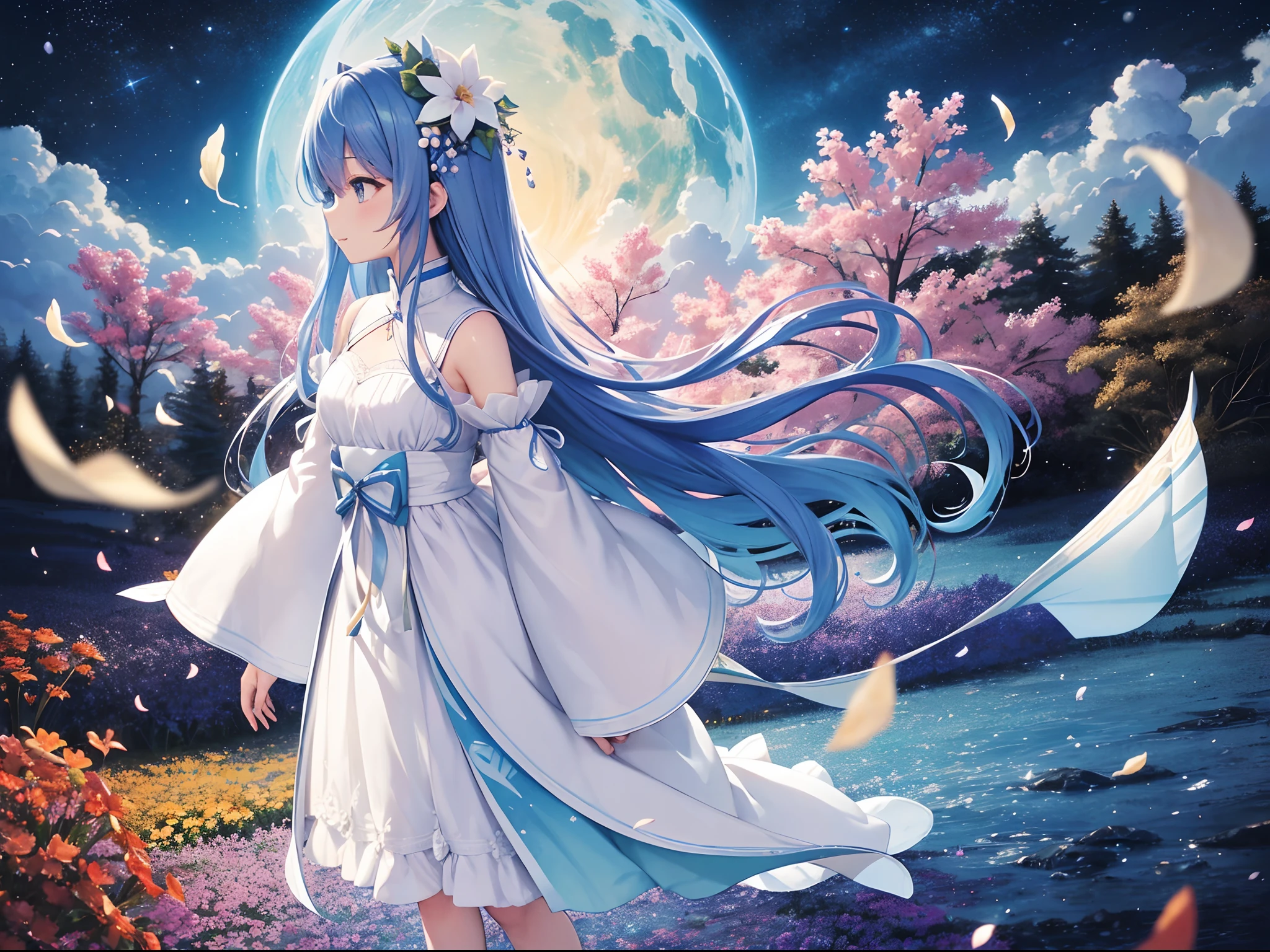 (hight resolution、ultra-detailliert、nffsw、movie)、独奏、1girl in、Happiness、Girl Standing In Cosmos Flower Garden、Girl around the petals、A charming smile、full body Esbian、Long-haired girl with blue hair、lightblue hair、facing front、Fantasia、Official art、pop-art、profile、hyperdetailed face、ultradetailed eyes、Cosmos Flower Garden、Ultra Detailed Fields、White blue sky、 Cold、shuicolor、blanche、Nebulae in the sky、Landscape of autumn leaves、watercolor paiting、PastelColors