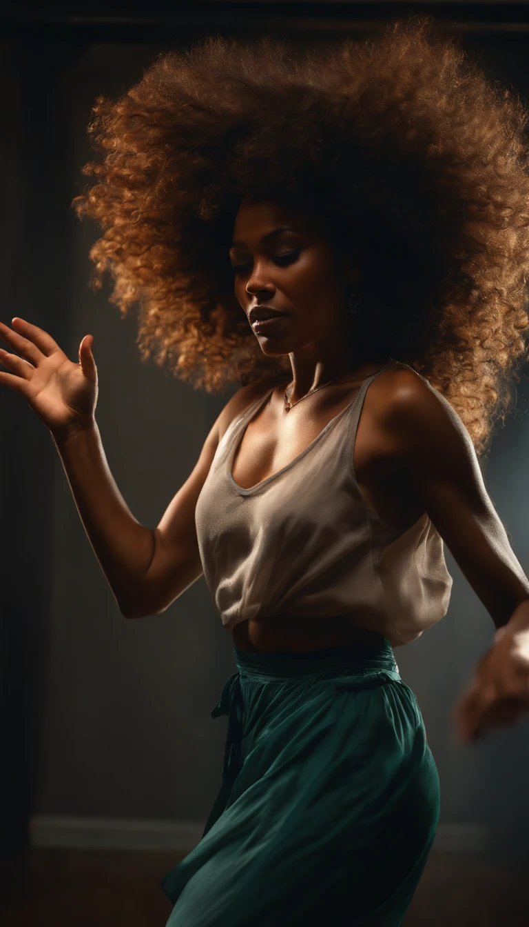 Curly-haired black woman dancing in dark room, ultra foto realismo
