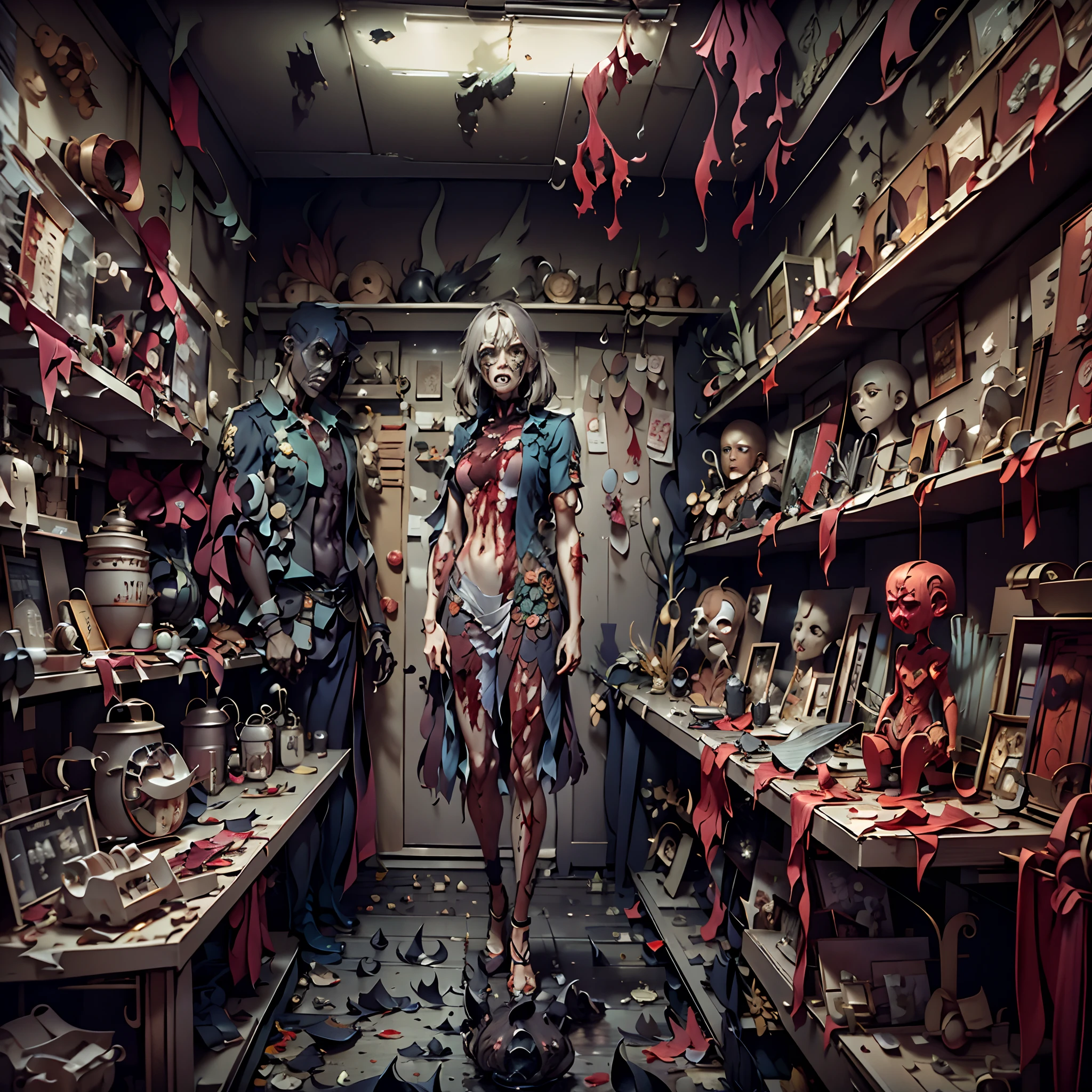 Paper Cuttings style： (((Inside the bloody parts store)))The shelves are full of horror, blood vessel, sci-fy ,(crowed:1.2),[Creepy mannequins], [Horrible amputation], [Bloody tools], [Rotting organs], [Terrible surgical instruments], [Disturbing dissection table], [Eerily dim lighting], [Sinister atmosphere][Creepy sculpture], [Disturbing mural], [Horror movie props], [Creepy doll head], [Haunting reflection], [Creepy shadows], [Morbid curiosity], [Creepy glass jars], [Ominous background music], [Creepy costumes], [Distorted mirror], [Menacing mannequin eyes], [Spooky abandoned aisles], [Bloody floor], [Haunted whispers], [Psychotic salesman], [Creepy window display], [Scary realistic mannequin limbs], [The screams echoed in the distance], [sinister expressions], [Strange mannequin face], [Grinding chains], [eerie fog], [The Mad Scientist Lab resonates], [Bloodstained price tag], [creepy atmosphera]